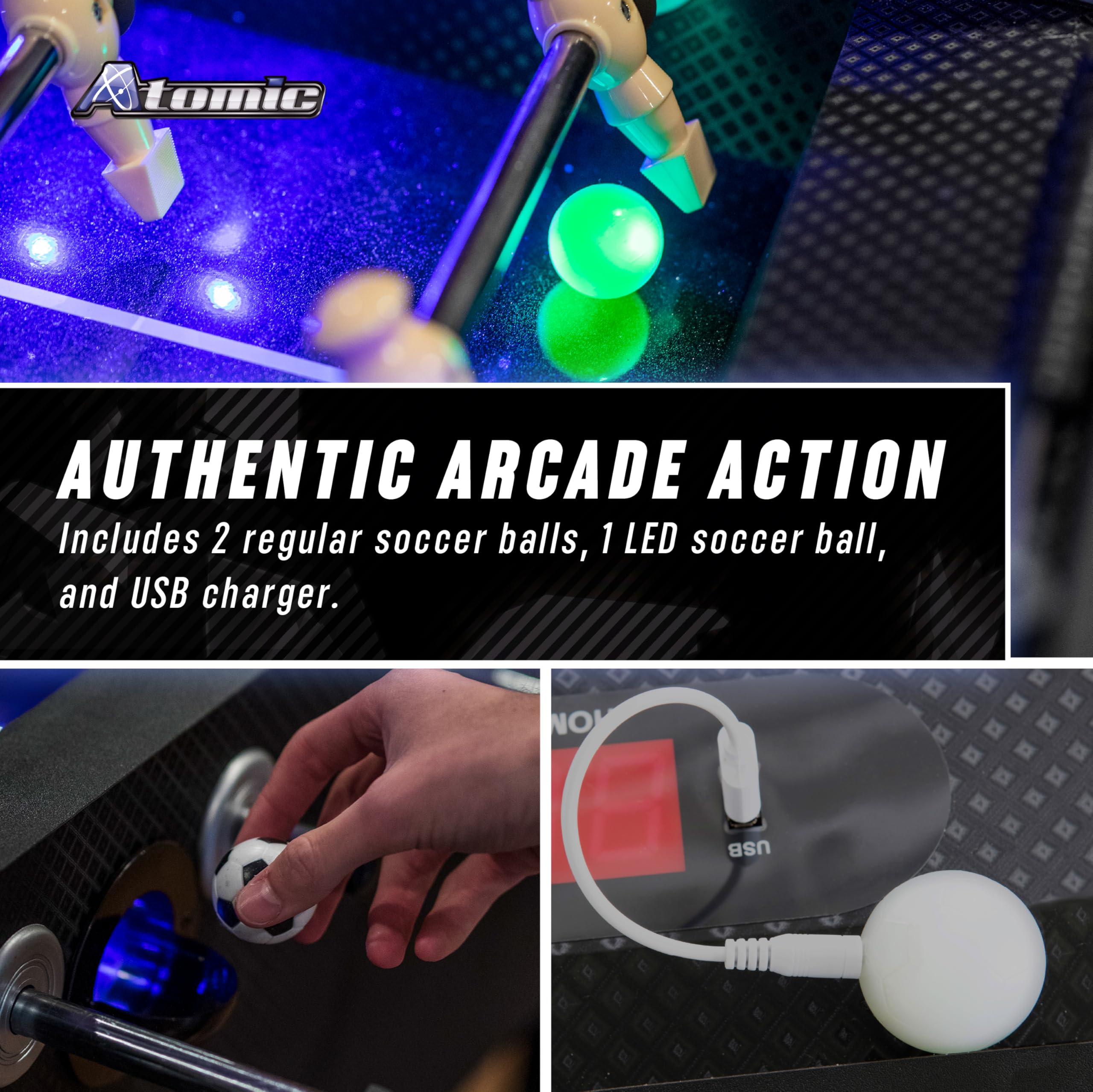 Azure Atomic LED Foosball Table – Light Up Arcade-Style Game with Interactive Inrail LED Lighting, Cascading Effects, Music, Electronic Scoring, 47” x 27” Durable Playfield