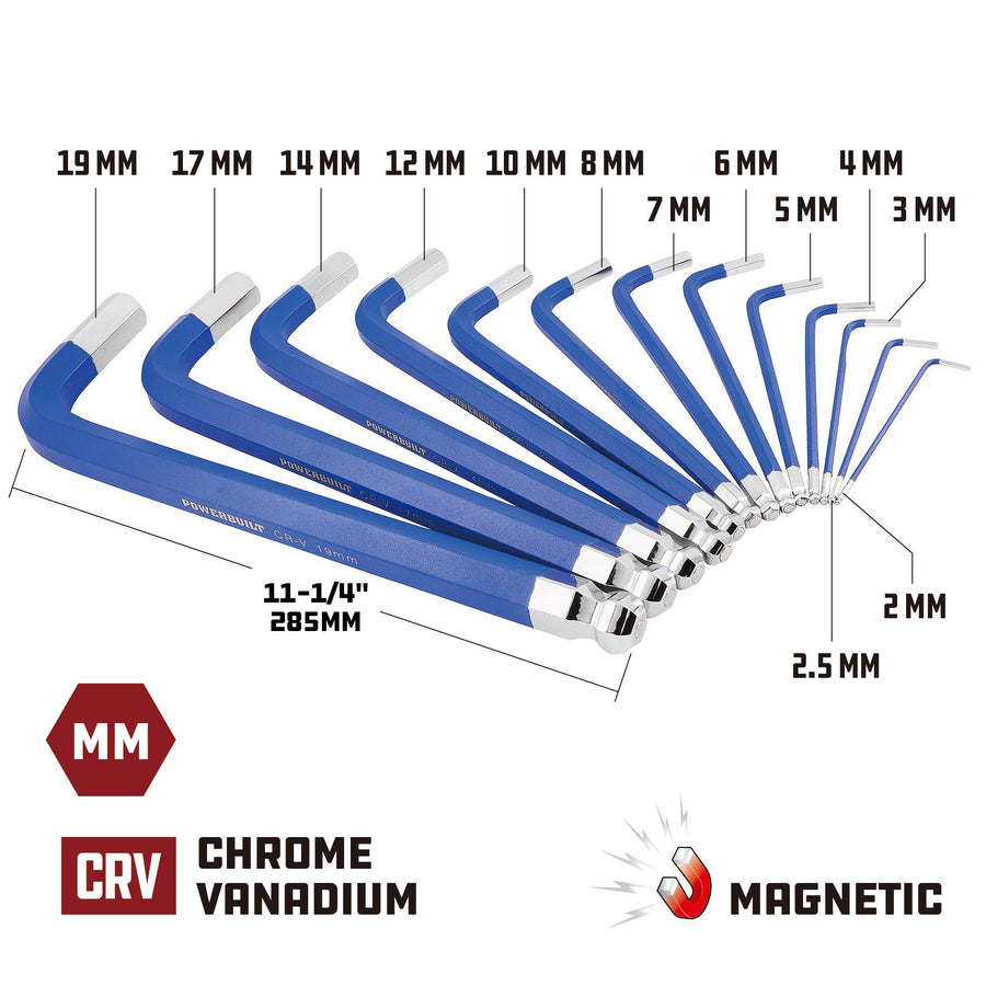 Powerbuilt 13 Piece Long Point Metric Jumbo Magnetic Hex Key Wrench, Allen Hex Key Wrench, 2mm -19mm - 941642
