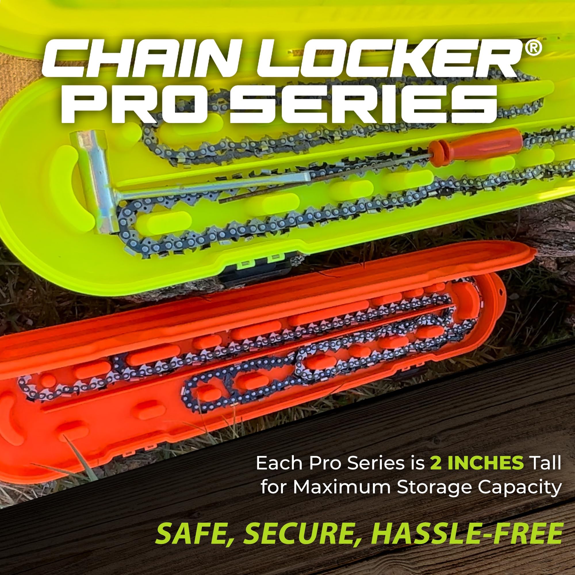 Universal Portable Chain Locker Pro Series - Saw Storage Case for Long Blades - Double Row, Double-Sided for Sharp & Dull Chains, 2” Tall, Made in USA - High-Vis Orange - Holiday Gift for Family