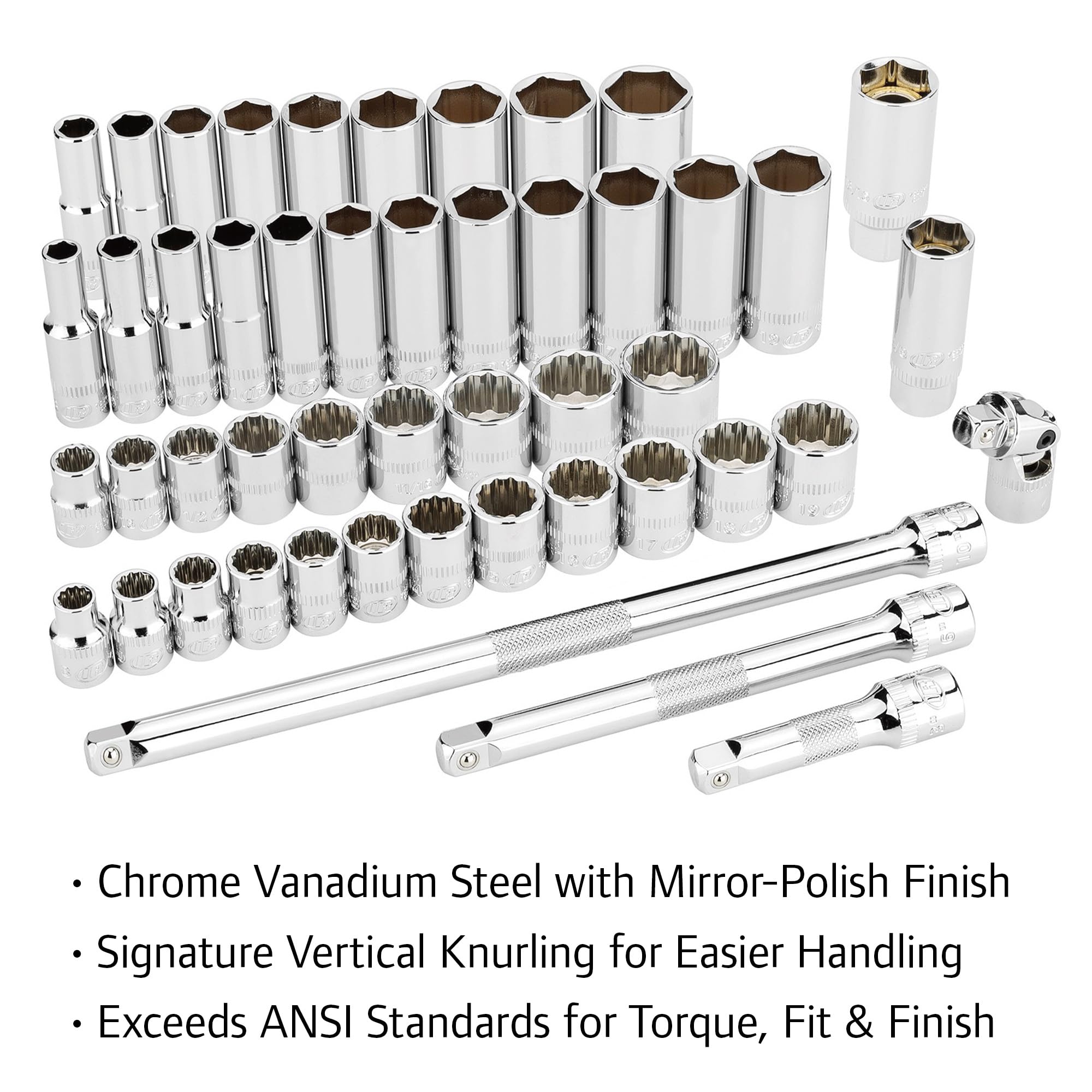 Ingersoll Rand 49-Piece SAE/Metric 3/8-Inch Drive Master Socket and Accessory Set, Includes 90-Tooth Ratchet, Extensions, U-Joint, Magnetic Spark Plug Sockets & EVA Tray – 752001