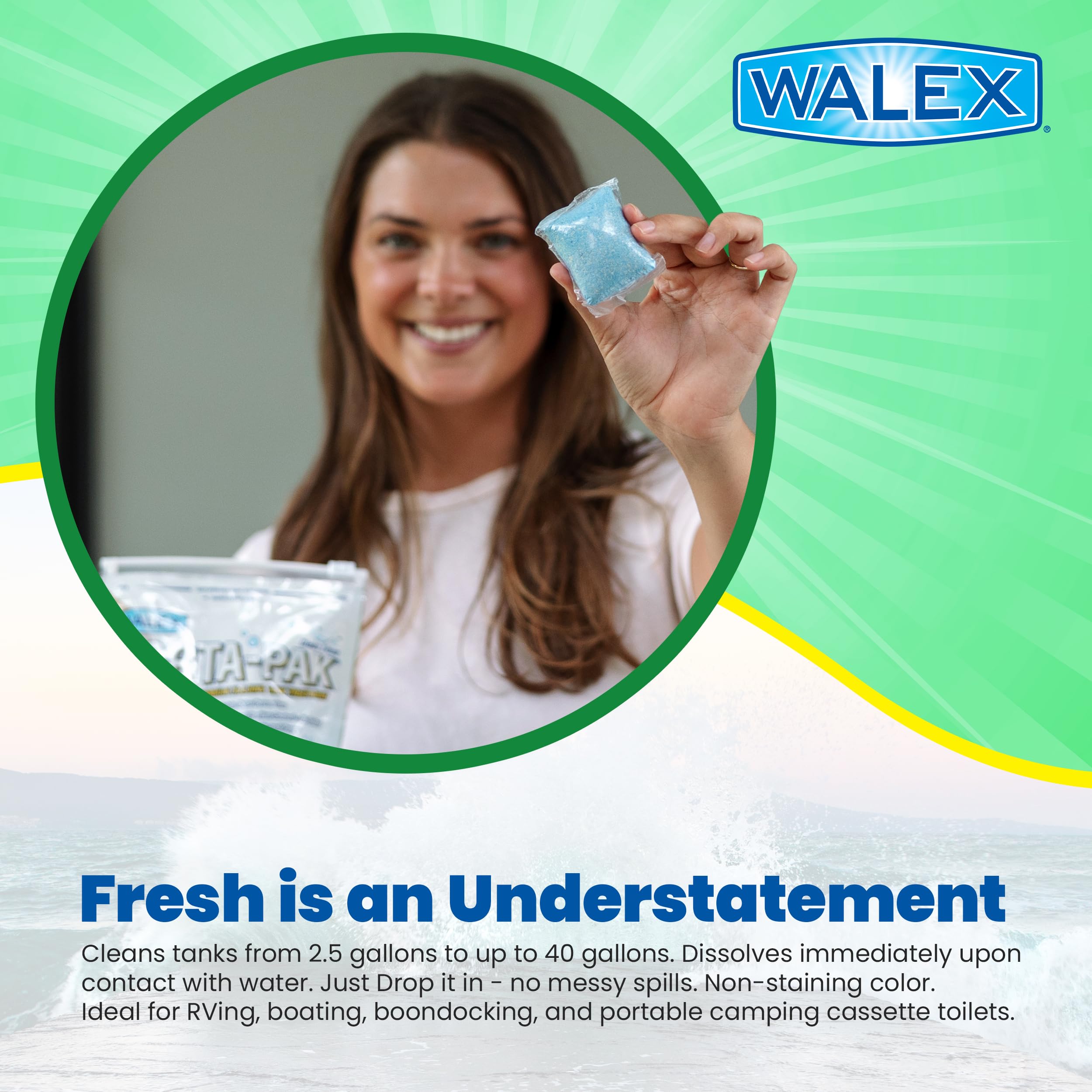 Walex Black Porta-Pak Holding Tank Deodorizer & Portion Control System Drop-Ins - Rapid Breakdown of Waste & Paper, Odor Prevention, Cleans Tank & Sensors - Clean Linen, 10-Pack