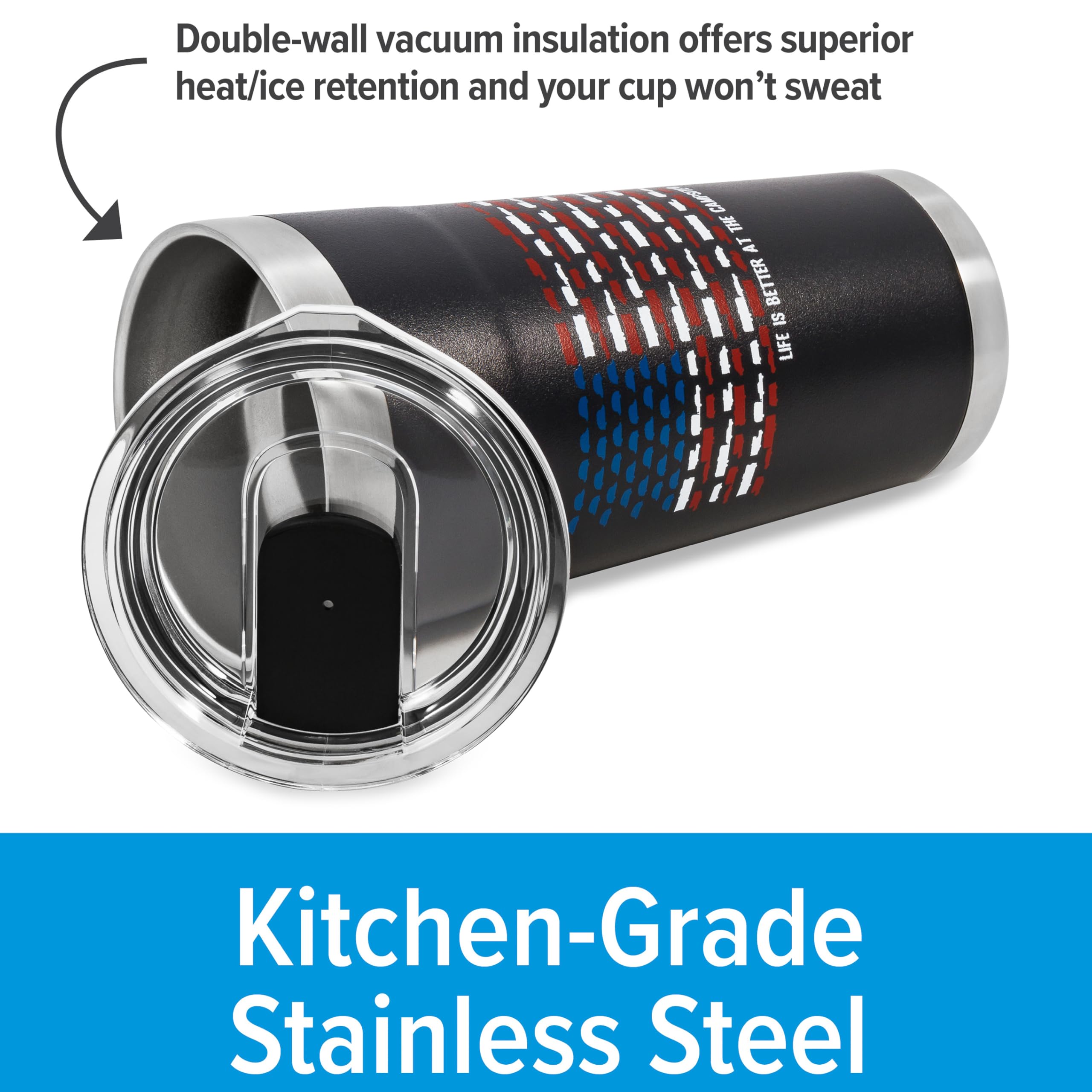 Wrapped Stainless Steel Tumbler Camco Life is Better at The Campsite - Features Double Wall Vacuum Insulation for Heat/Ice Retention & Unique RV USA Flag Design - Holds 20 oz. (53065)