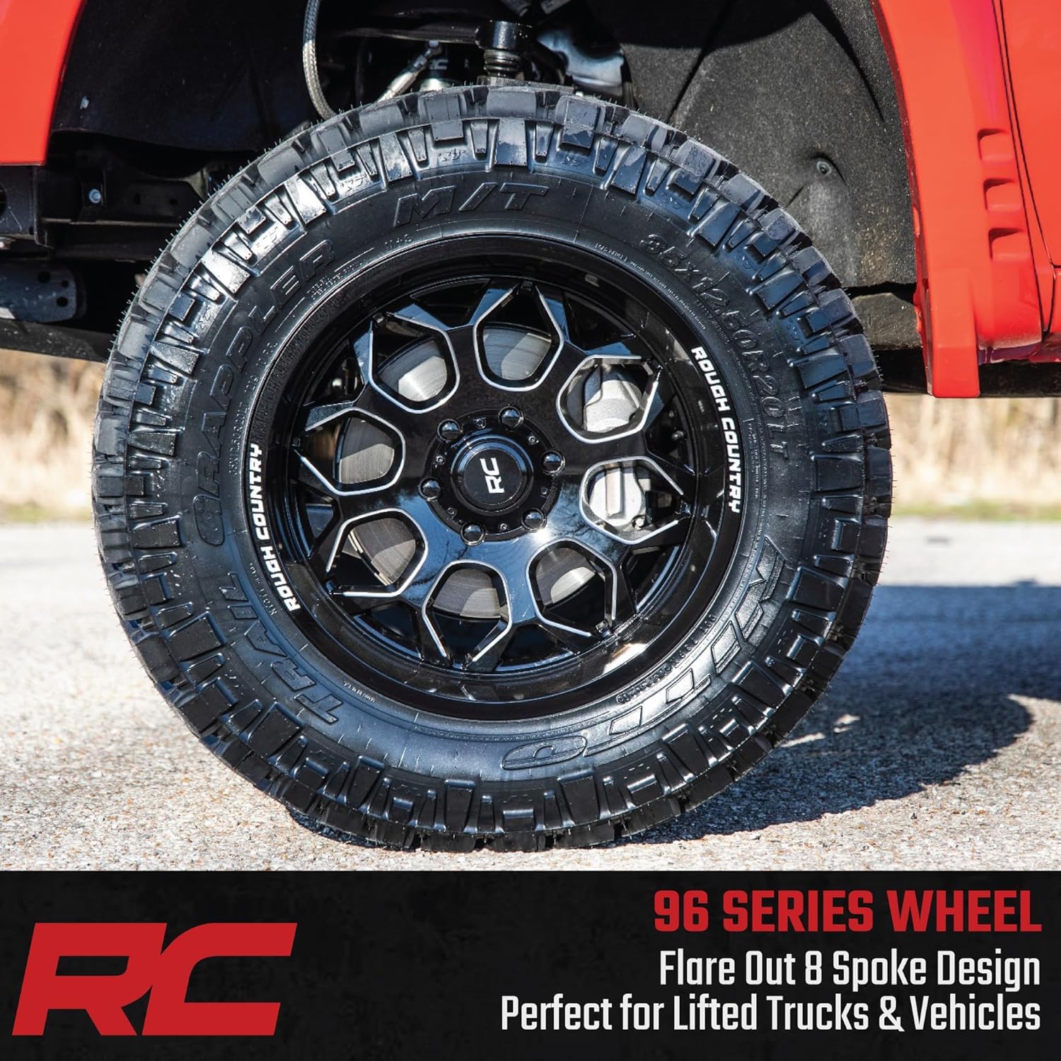 20x9 Rough Country One-Piece Aluminum Wheel, 6x5.5" Bolt Pattern, +0mm Offset - Gloss Black w/Milled Accents, 8-Spoke, Lightweight with Center Cap