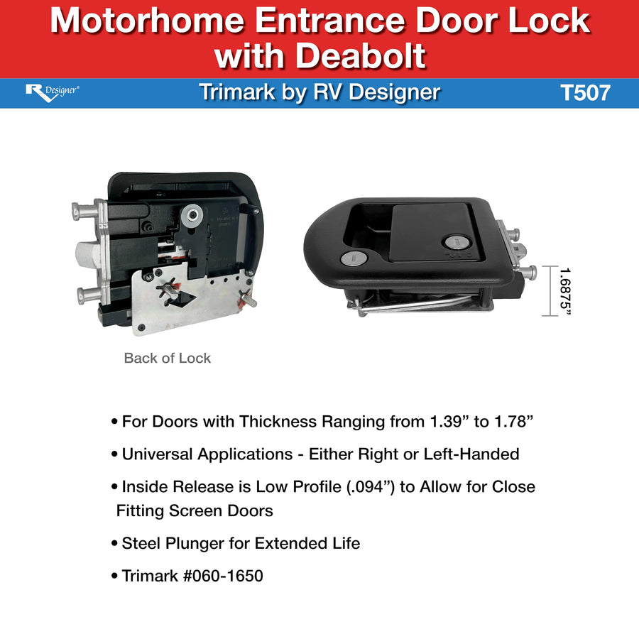 TriMark T507 RV Designer Motorhome Entrance Door Lock with Deadbolt - Fit for 1.38-1.58” RV Motorhome Doors - Right/Left-Hand Use - FMVSS 206 Compliant