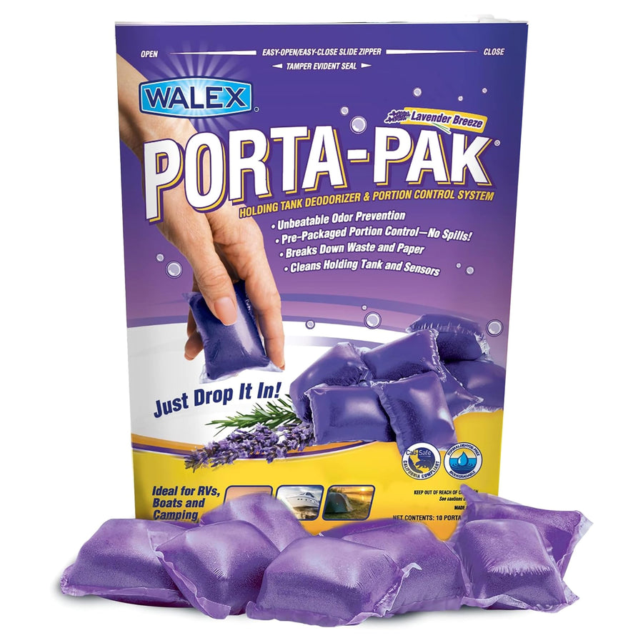 Walex Black Porta-Pak Holding Tank Deodorizer & Portion Control System Drop-Ins - Rapid Breakdown of Waste & Paper, Odor Prevention, Cleans Tank & Sensors - Lavender Breeze, 10-Pack