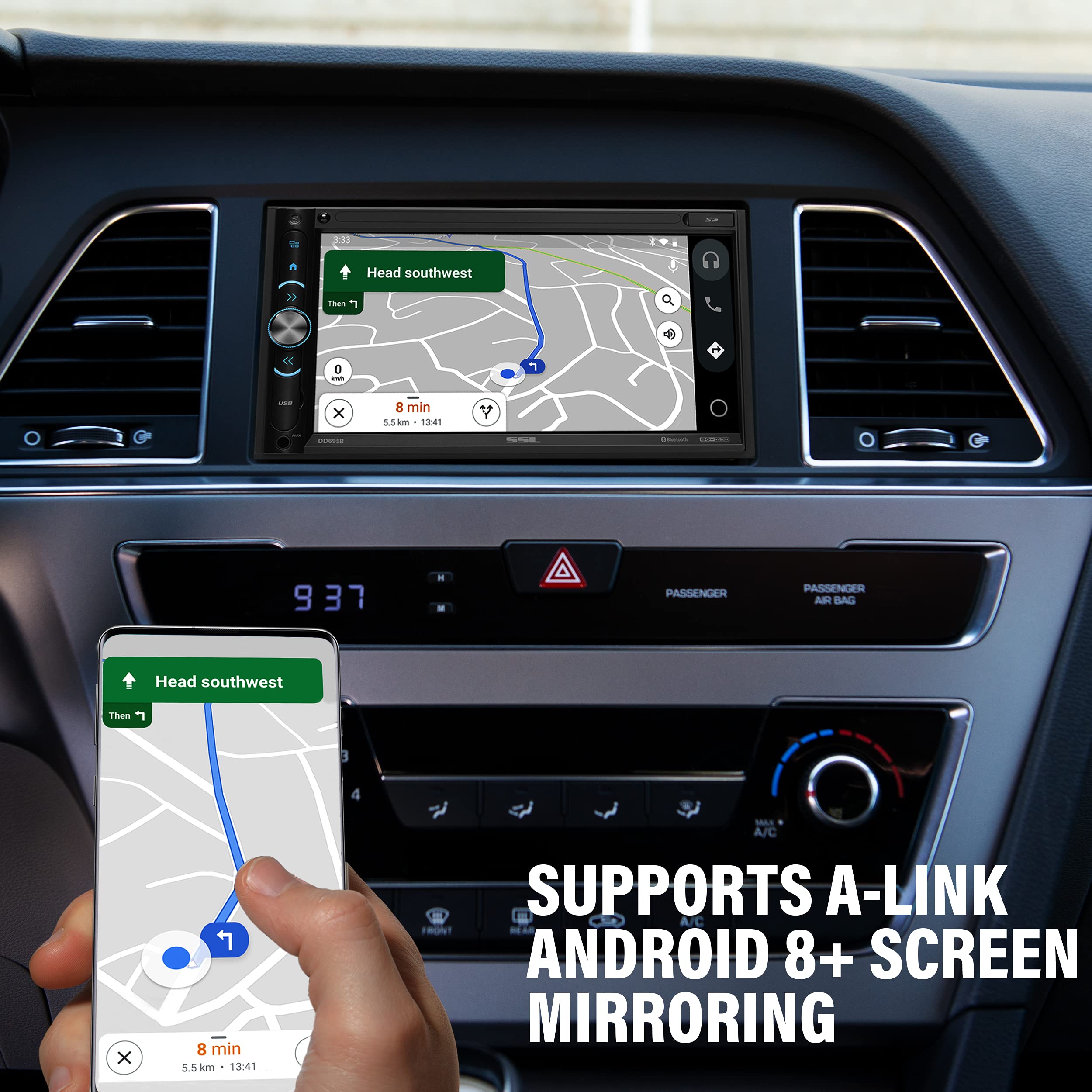 Sound Storm Laboratories Car Stereo System DD695B - A-Link (Screen Mirroring), 6.95 Inch Double Din Head Unit, Touchscreen, Bluetooth Audio and Hands-Free Calling, Radio Receiver, CD Player