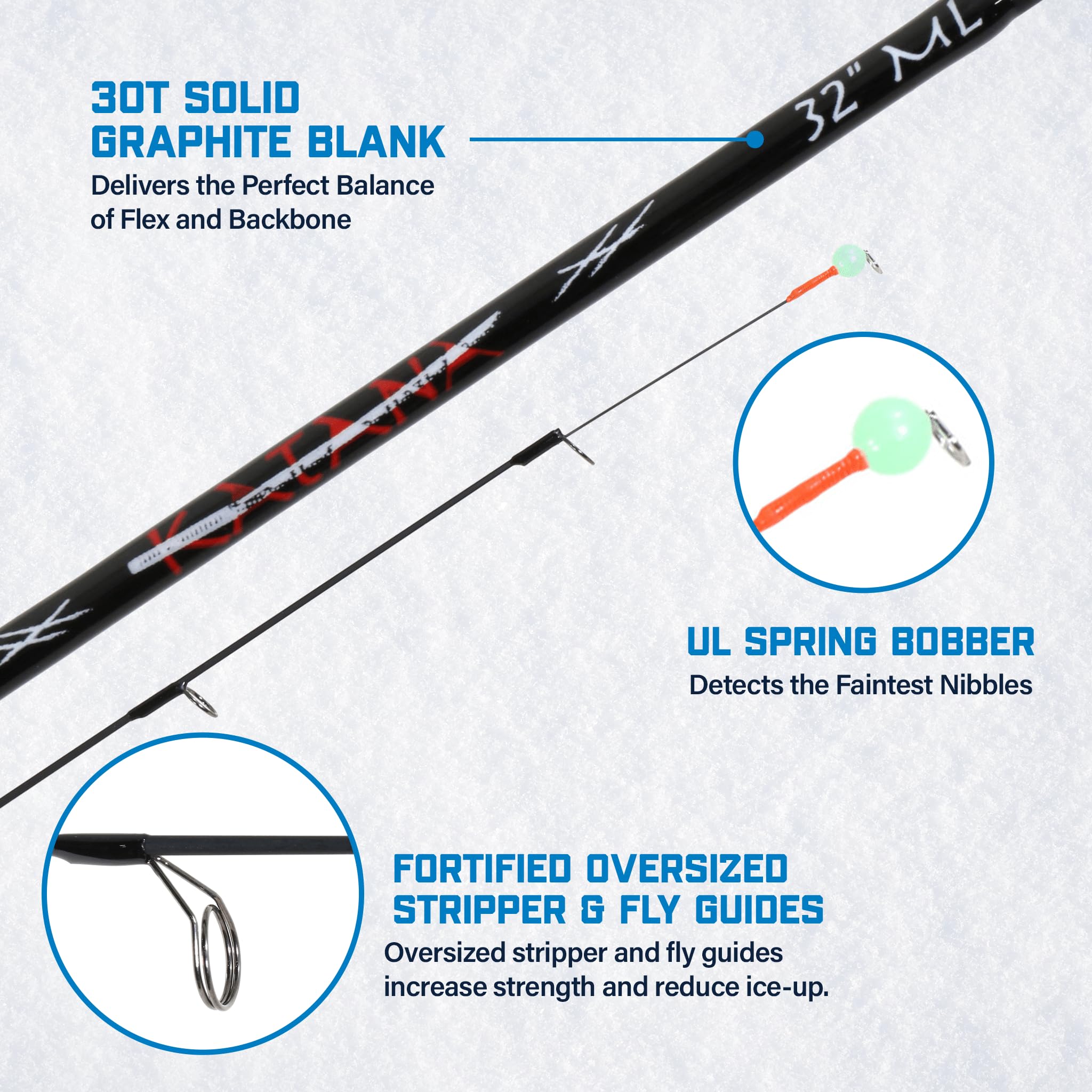 Katana CLAM 27” Light Action Ice Fishing Rod with Medium-Light Spring Bobber – Ideal for Perch, Crappie, and Smaller Walleye – High-Sensitivity Ice Rod for Precision Hooksets