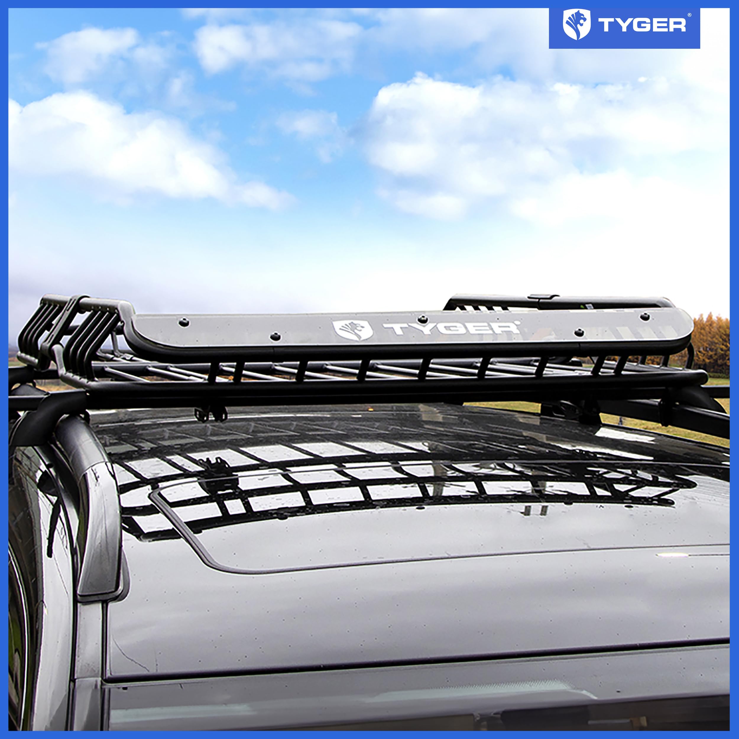 Tyger Auto Heavy Duty TG-RK1B942B Roof Mounted Cargo Basket Rack | L57.5 x W42 x H6 | Roof Top Luggage Carrier | with Wind Fairing, Black