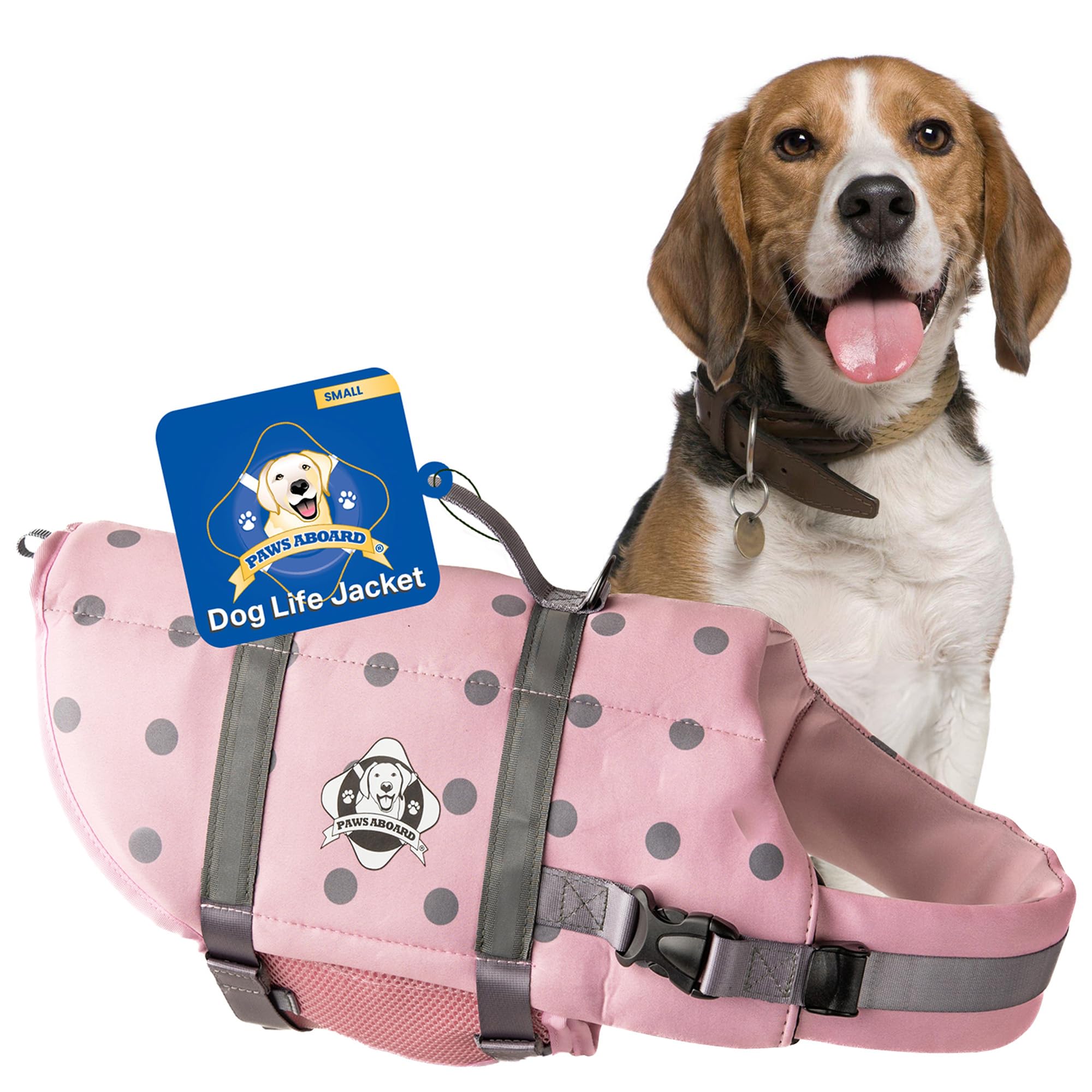 Dog Life Jacket Paws Aboard - Swimming Vest for Dogs, Adjustable, Reflective, Comfortable, Multiple Colors, Patterns, XX-Small to Extra Large Dog Swim Vest with Handle (Pink/Silver, Small)