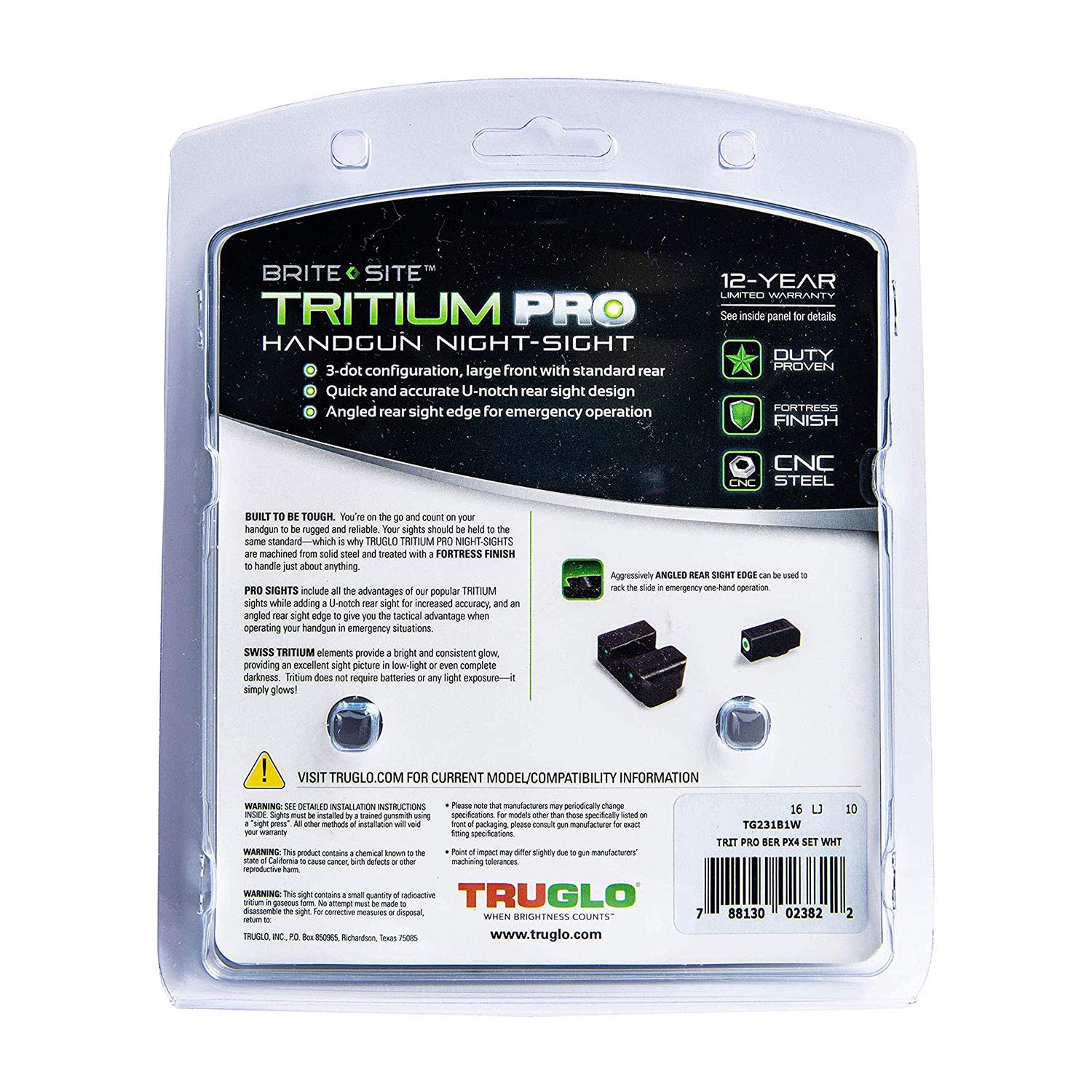 TruGlo Pro Tritium Glow in The Dark Gun Handgun Glock Pistol Laser Sight Accessories with Rear Colors for Beretta PX4 Storm and Green Light, Black