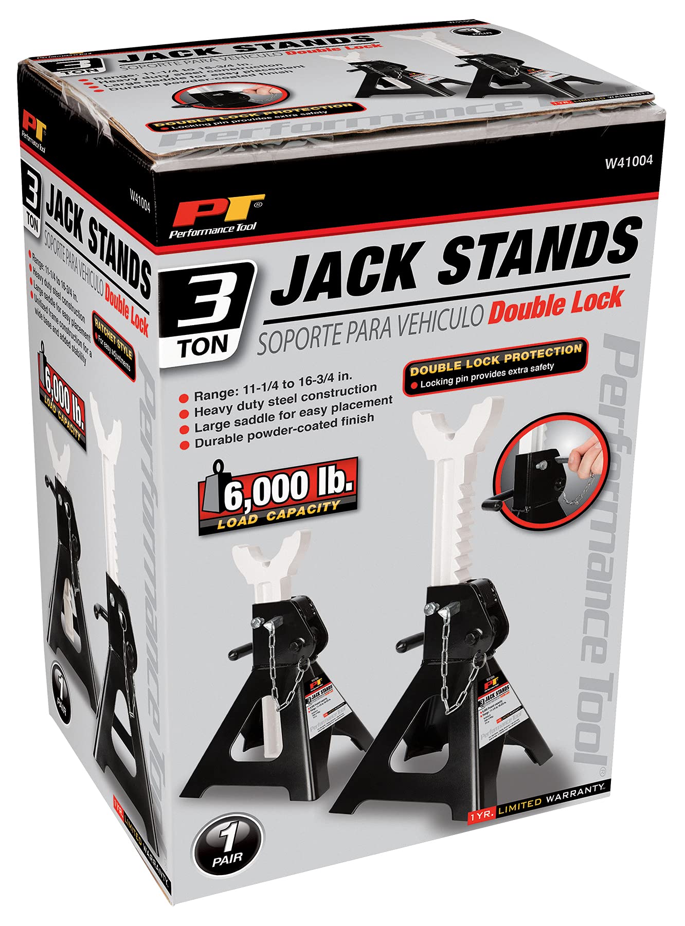 Heavy Duty Performance Tool W41004 Steel Jack Stands with Self-Locking Rachet and Double-Locking Pin, 3 Ton Capacity (Pair)