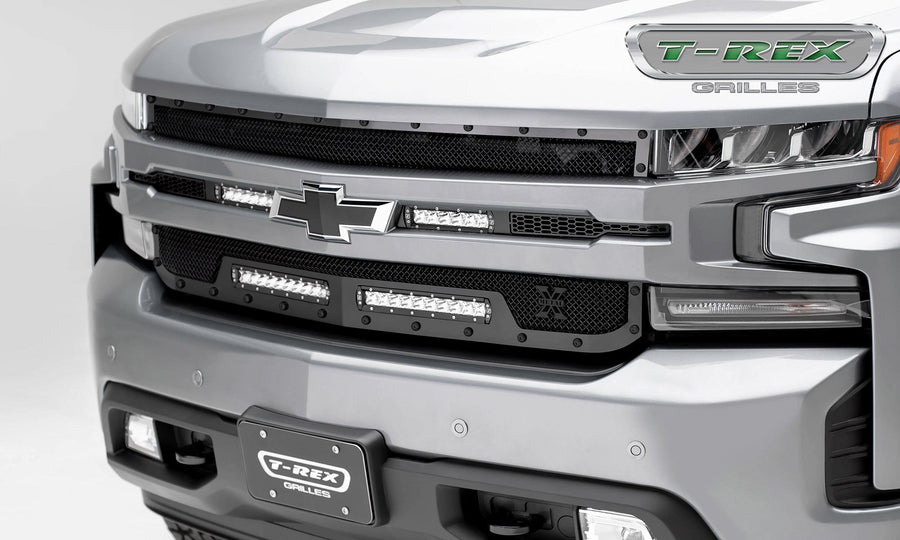 T-Rex Grilles Stealth Torch Grille 2019-2022 Silverado 1500, Black, 1 Pc, Replacement, Black Studs with (2) 6 Inch and (2) 10 Inch LEDs, Does Not Fit Vehicles with Camera - PN #6311261-BR