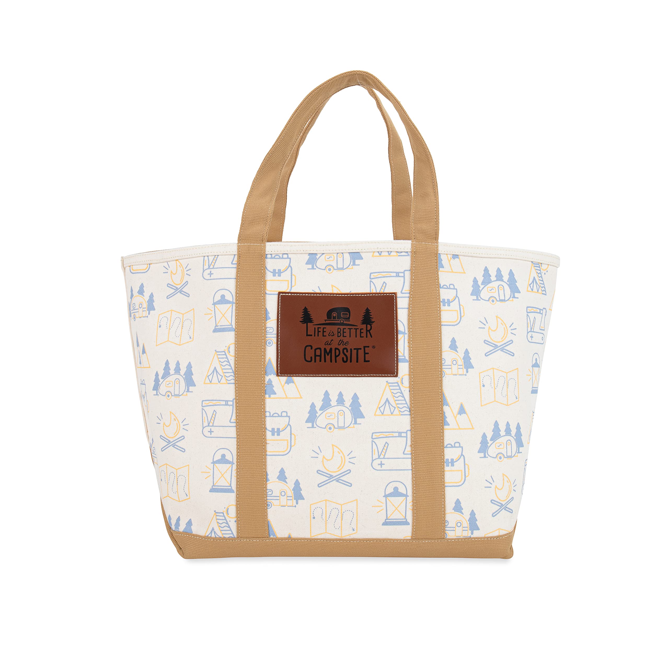 Camco Canvas Tote Bag Life is Better at The Campsite - Features Heavy-Duty Cotton Canvas Design with Reinforced Base, Unique RV-Themed Adventure Print, & Zippered Top Closure - 16x14.5x7.25 in (53127)