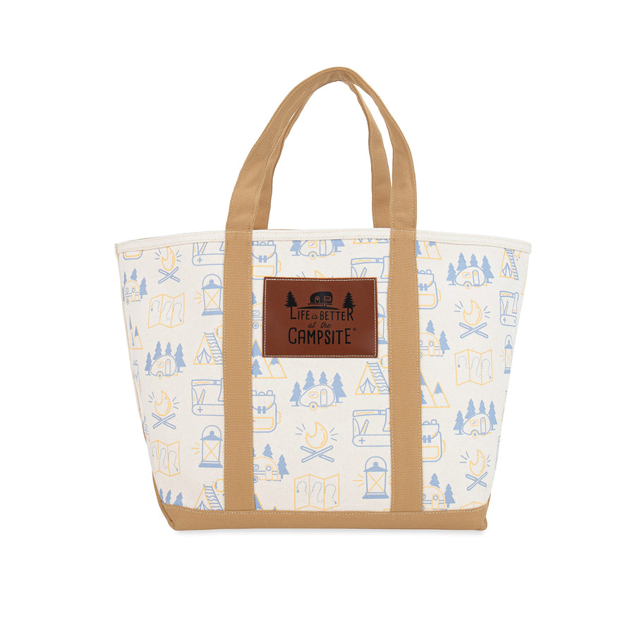 Camco Canvas Tote Bag Life is Better at The Campsite - Features Heavy-Duty Cotton Canvas Design with Reinforced Base, Unique RV-Themed Adventure Print, & Zippered Top Closure - 16x14.5x7.25 in (53127)