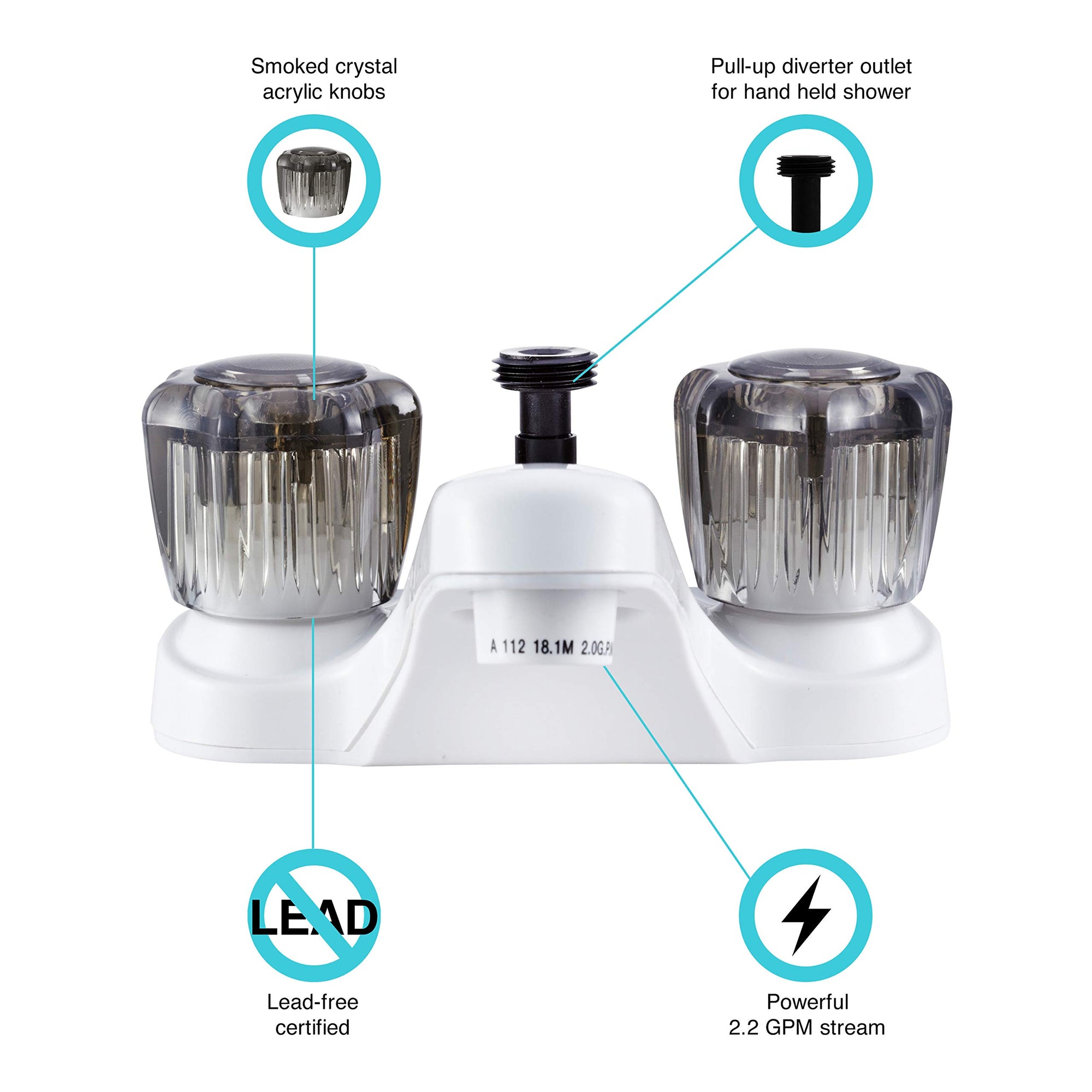 Dura Faucet RV Bathroom Faucet DF-PL720S-WT with Smoked Acrylic Knobs and Shower Hose Diverter (White)