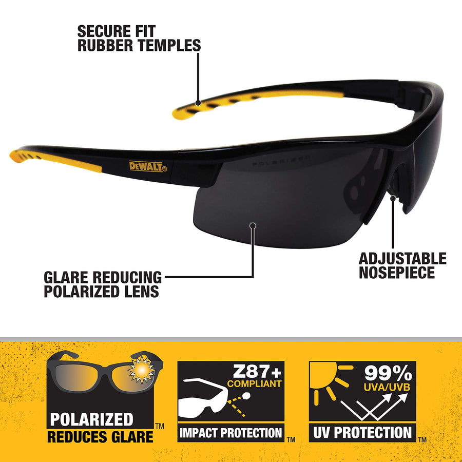 DEWALT Polarized DPG99 HDP™ Safety Glasses – ANSI Z87.1+ Rated Protective Eyewear with Rubber Temples, Adjustable Nosepiece, Neck Cord & Carry Bag