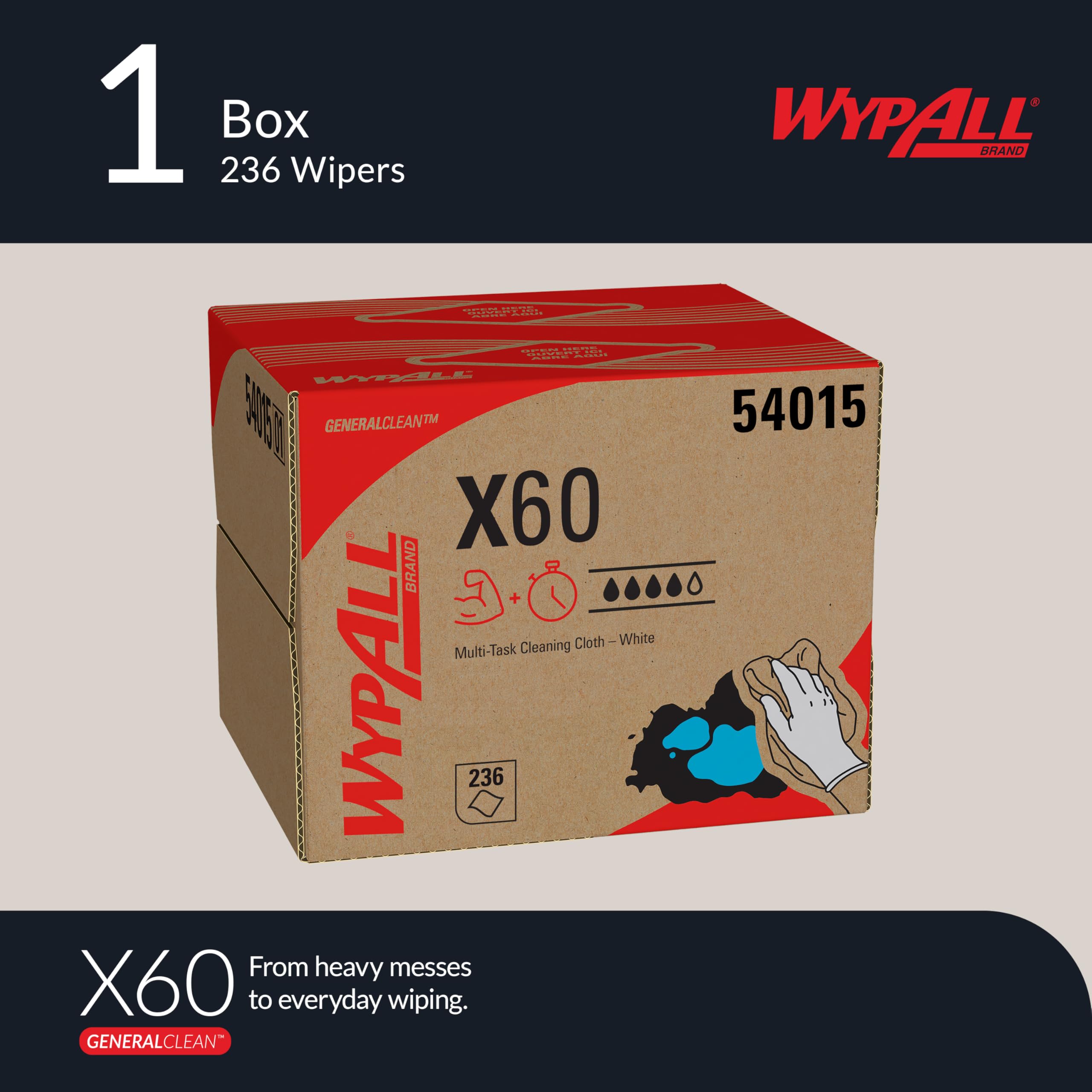 WypAll X60 GeneralClean Cloths Multi-Task Cleaning Wipes (54015), Brag Box, Strong and Absorbent Towels, White (1 Pack of 236 Sheets, 236 Sheet Total)