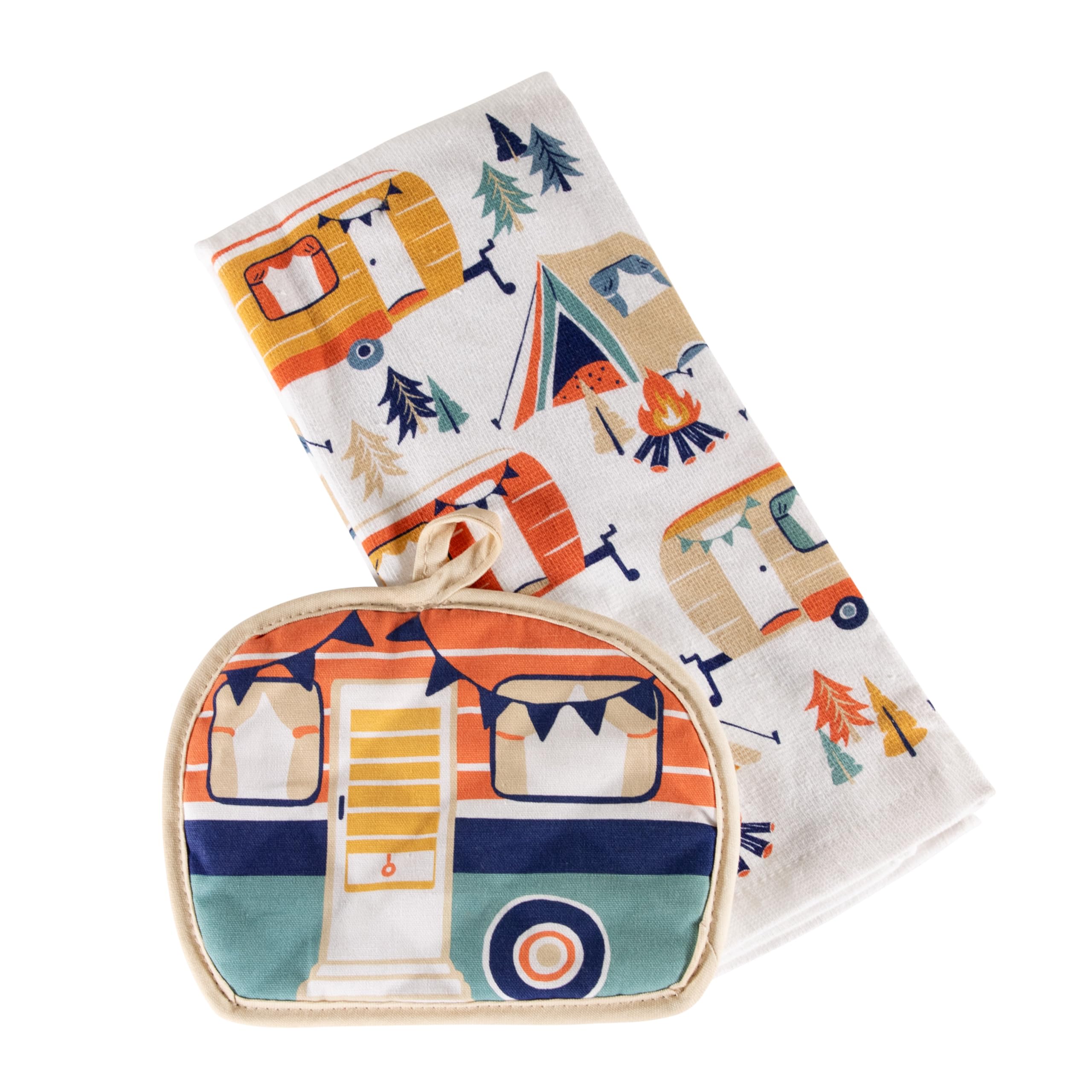 2-Piece Lippert Kitchen Towel & Potholder Set with Unique RV Camping Print, Machine Washable Fabric, Great Gift for Campers - 2023051697
