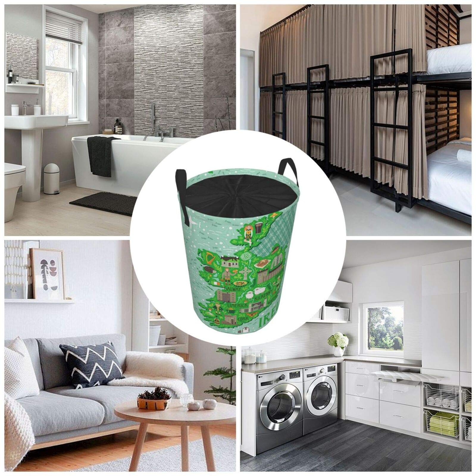 Map Of Ireland Travel Large Storage Baskets With Irish Castles People Symbols Traditional Food (1),Drawstring Waterproof Round Collapsible Laundry Hamper for Dirty Clothes Toy Home Office 21.6"X16.5"