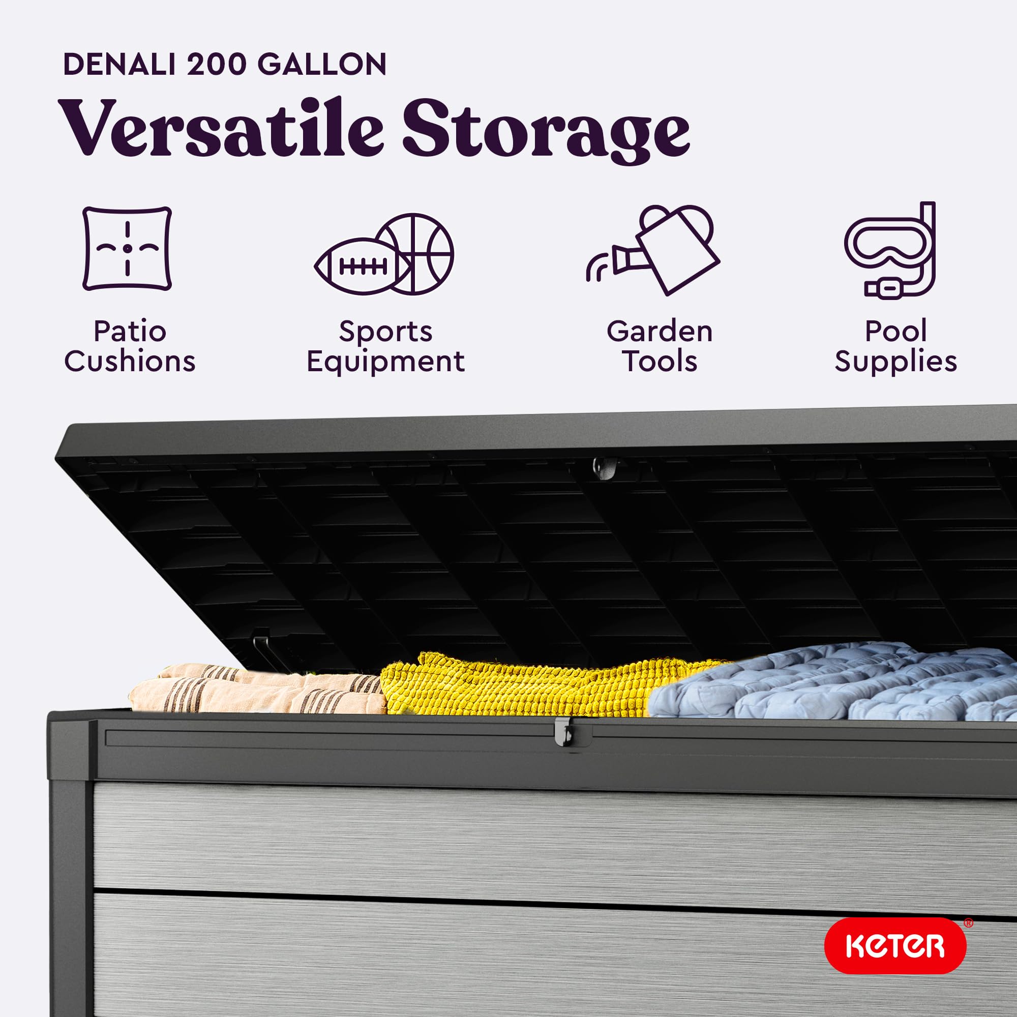 Keter 200 Gallon Denali Resin Large Deck Box with Double Wall 20mm Panels - Paintable and Drillable-Organization and Storage for Patio Furniture and Outdoor Items, Grey & Black