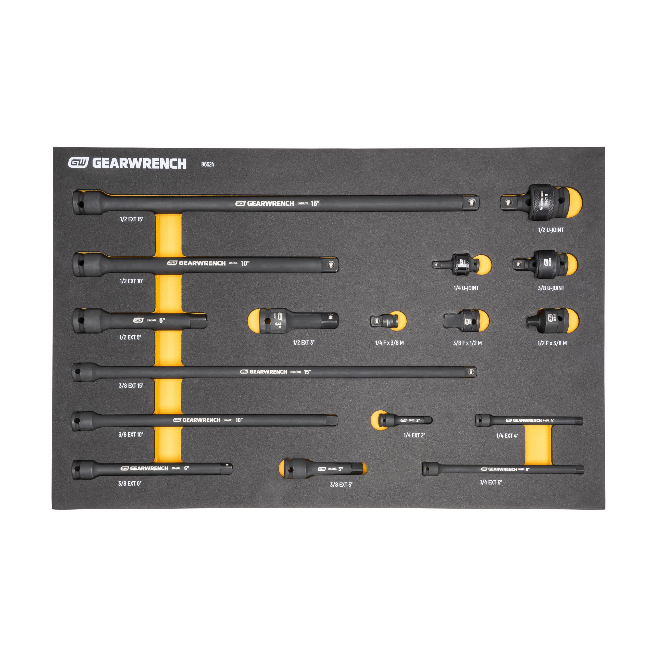 17 Piece GEARWRENCH 1/4", 3/8", 1/2" Impact Drive Tool Accessories Set with EVA Foam Tray - 86524