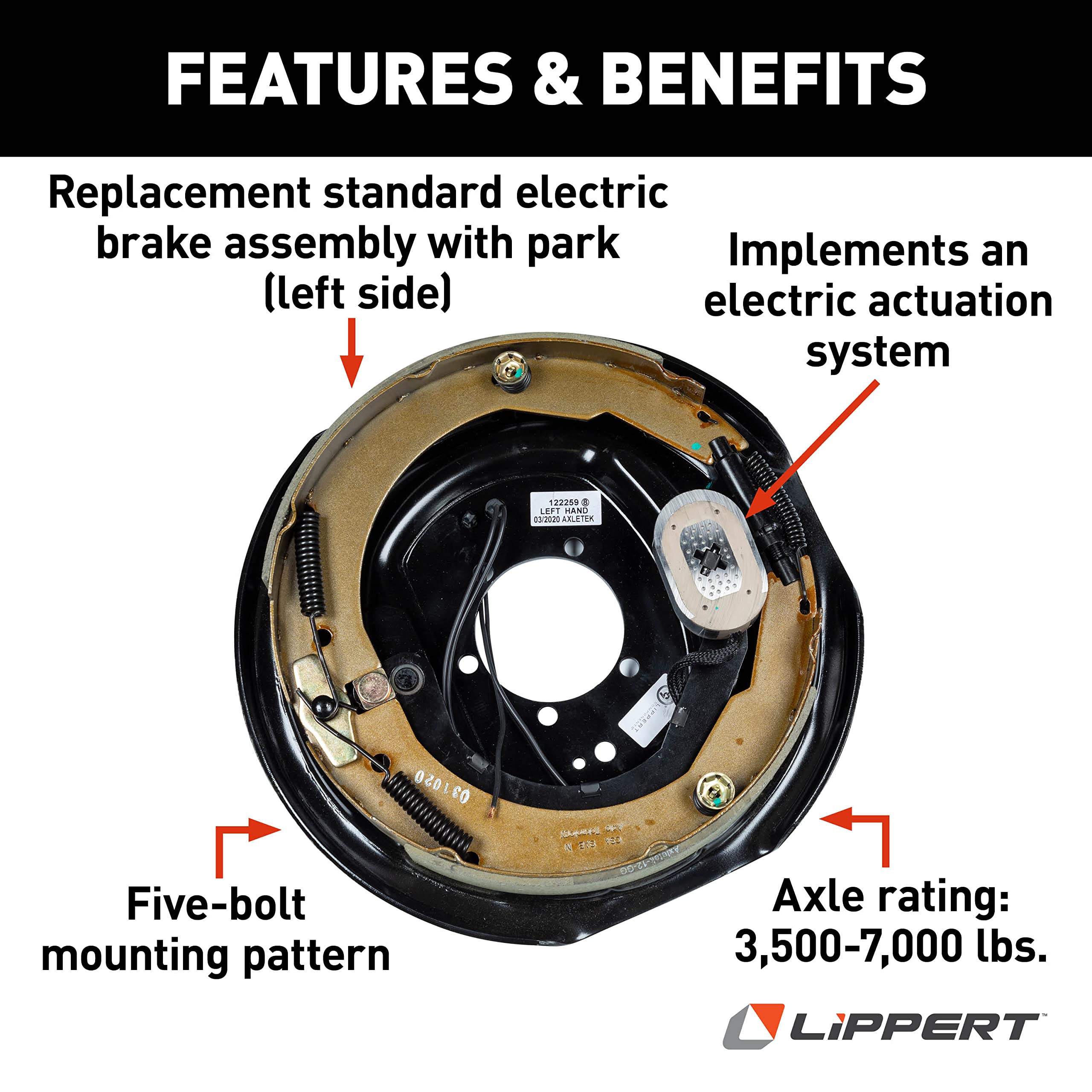 Lippert Components Electric Brake Assembly Replacement for RVs, Left Side, 12" x 2"; 4,000-7,000 lbs.