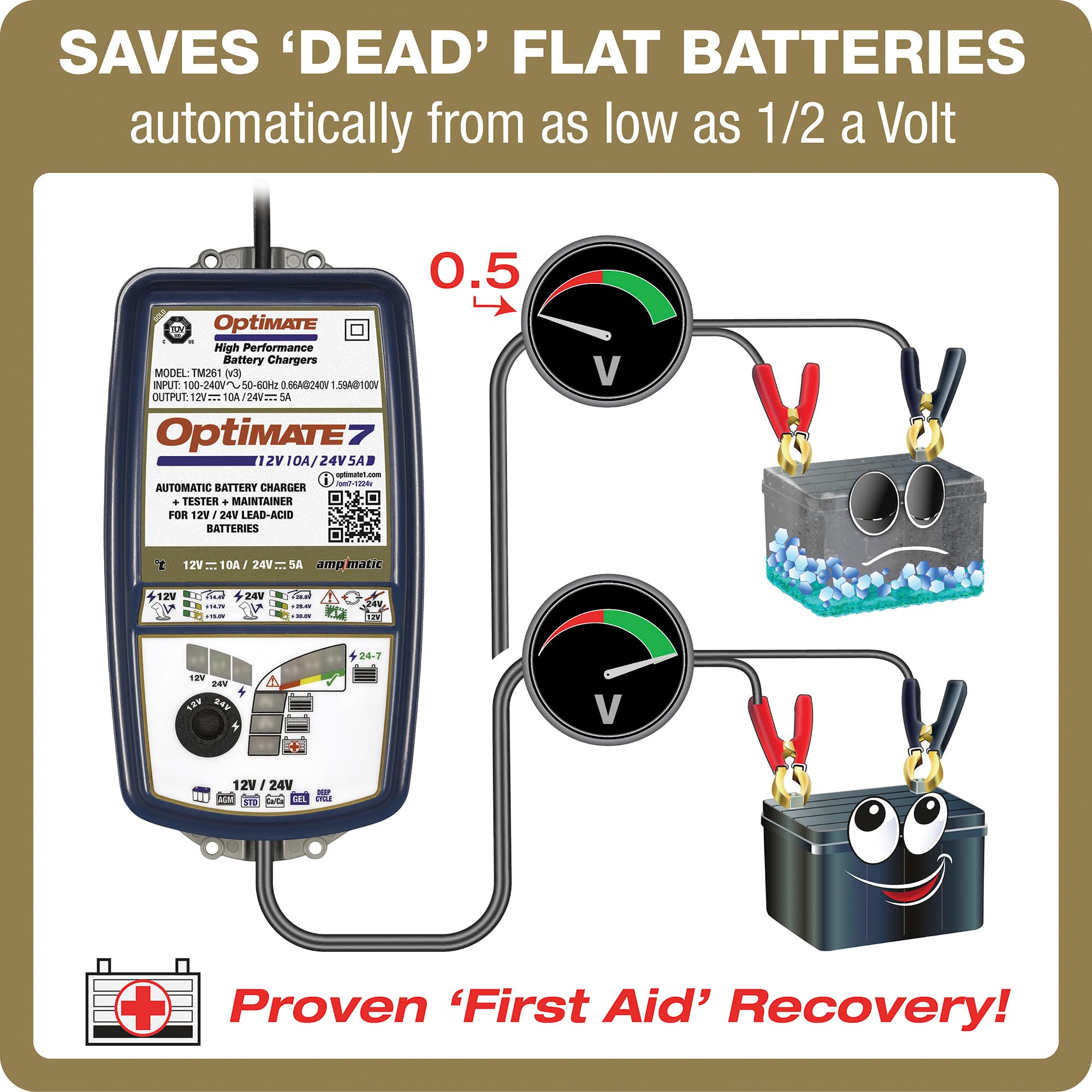 Optimate 7 12V/24V - 10A 12V / 5A 24V, TM-261v3, 8-Step, Gold Series Sealed Battery Saving Charger & maintainer