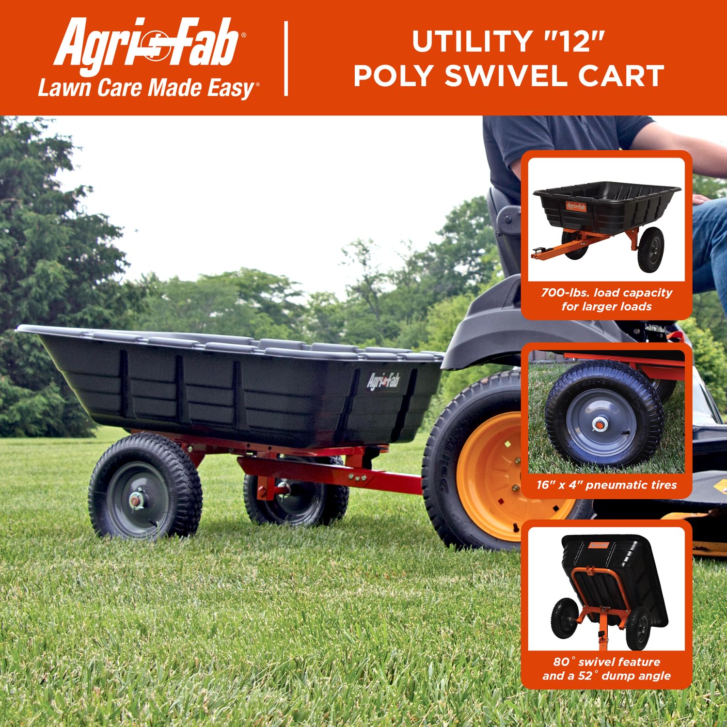 Tow Behind Agri-Fab 45-0573 700 lbs Poly Dump/Swivel Cart; Lawn & Garden Trailer for Lawn Mowers, 16" Pneumatics Tires, Easy to Use Foot Dumping Mechanism