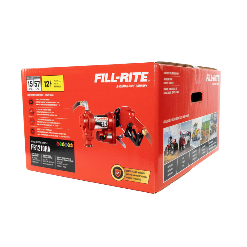 Fill-Rite 12V FR1210HA 15 GPM Fuel Transfer Pump with Discharge Hose & Automatic Nozzle, Red | Gasoline, Diesel, Kerosene, Ethanol & Methanol Blends & Biodiesel