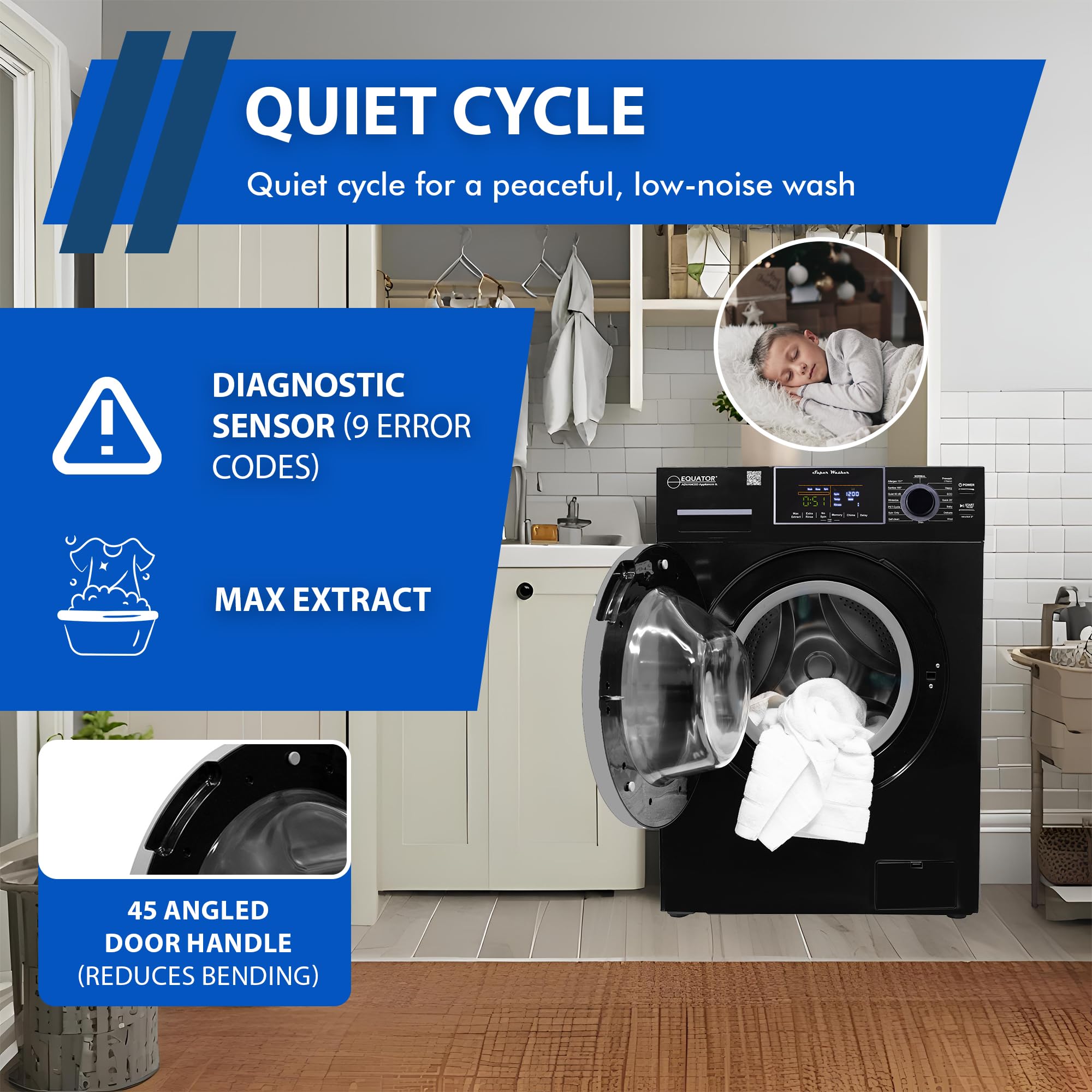 Compact Equator Washer 1.6cf/15lbs PET CYCLE 15 Programs 110V in Black