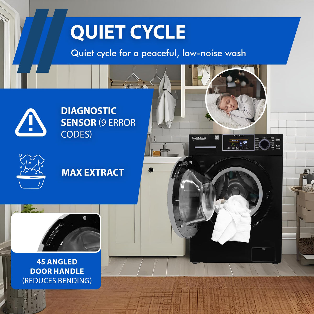 Compact Equator Washer 1.6cf/15lbs PET CYCLE 15 Programs 110V in Black