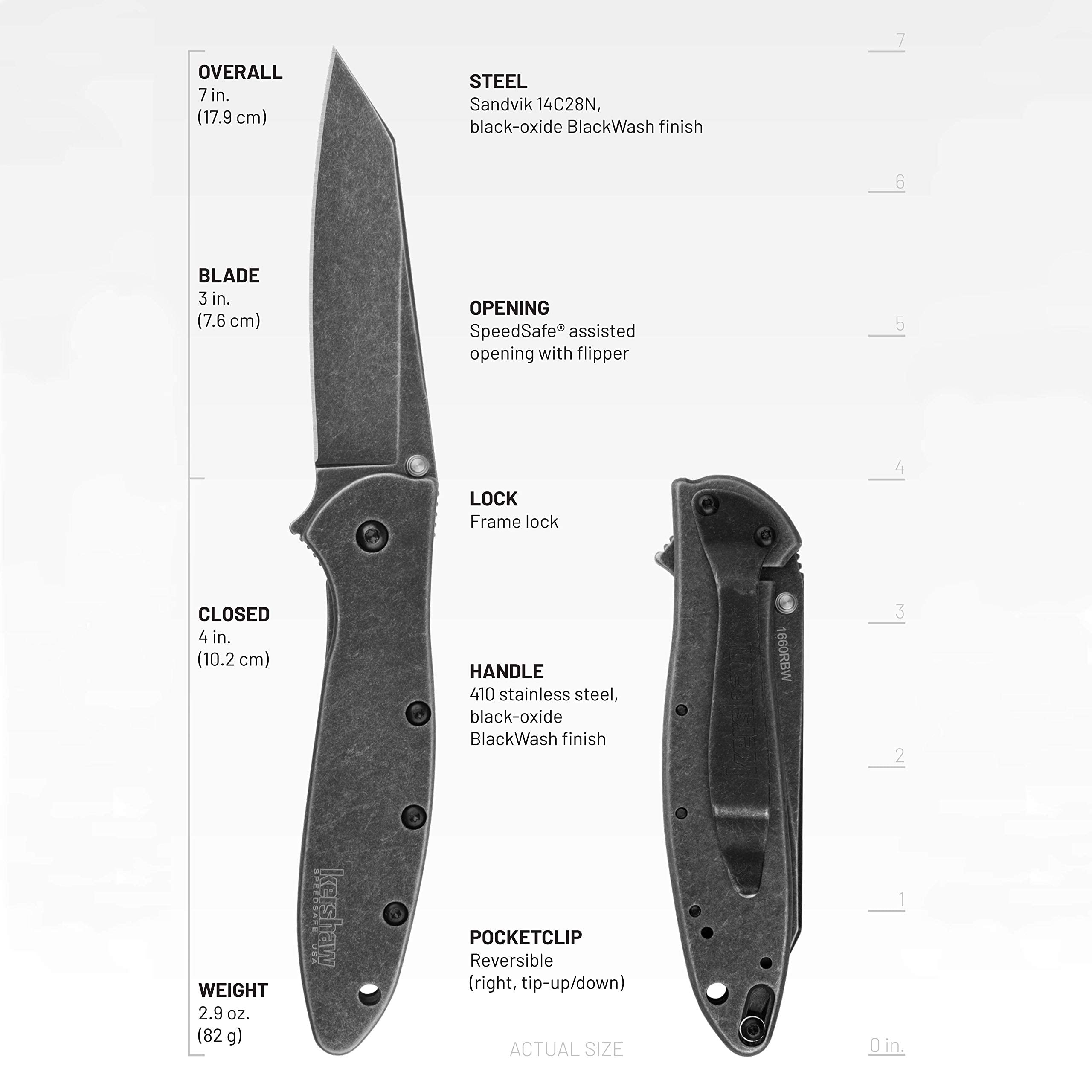 Kershaw Pocket Knife Random Leek, Blackwash, 3 Inch Stainless Steel Reverse Tanto Blade, EDC with Assisted Opening, Made in The USA, Reversible Clip Carry, Everyday Carry Pocket Knife for Men & Women
