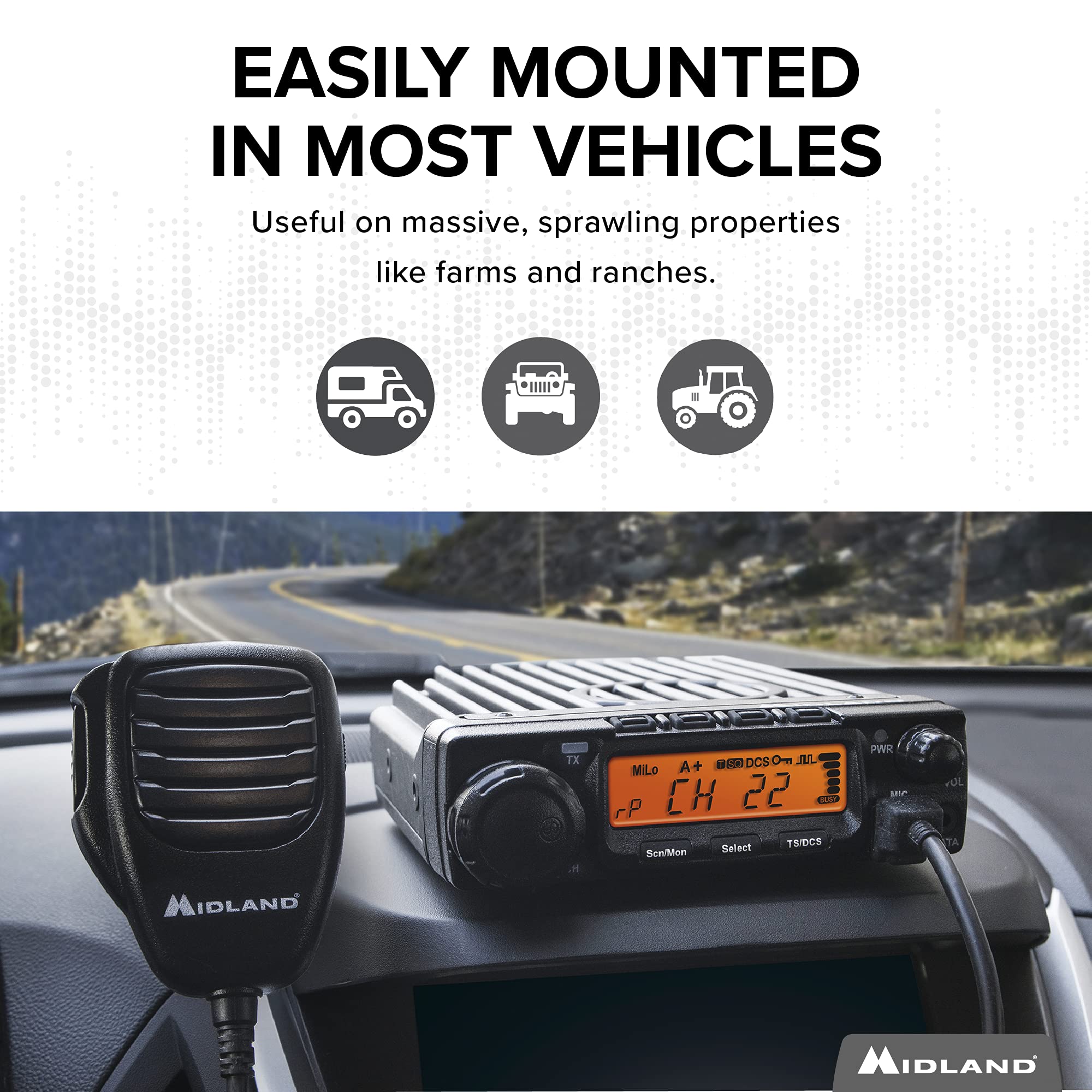 MXT400VP3 Midland – 40 Watt GMRS MicroMobile Two Way Radio - Off Roading Outdoor Boat Ranches Tractors Radio - 8 Repeater Channels - Antenna Mounting Bracket Antenna Chord, 3dB Gain Ghost Bundle