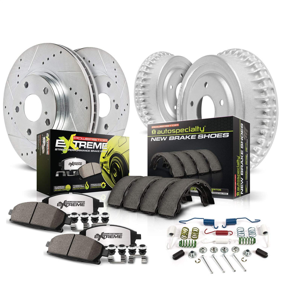 Power Stop K15022DK-26 Z26 Brake Pads Front and Rear with Drilled Slotted Brake Drums Kit For Apollo, Cam, Chevelle, El Camino, Monte Carlo, Nova, Sprint, Olds Omega, Ventura [Model Specific]