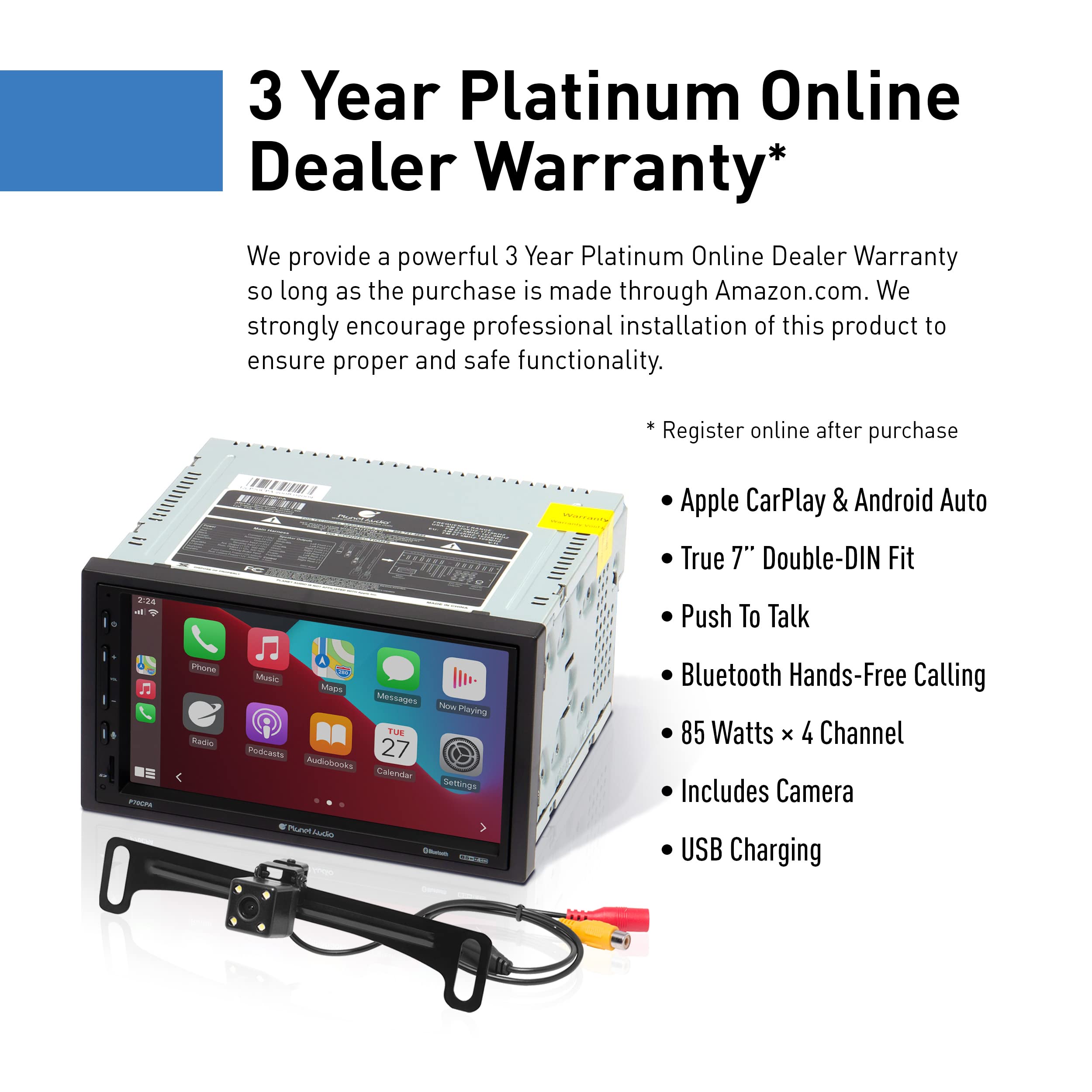 Car Audio Stereo System Planet Audio P70CPA-C - Apple CarPlay, Android Auto, 7 Inch Double Din, Touchscreen, Bluetooth Audio and Hands-Free Calling, No CD Player, Radio Receiver, Backup Camera