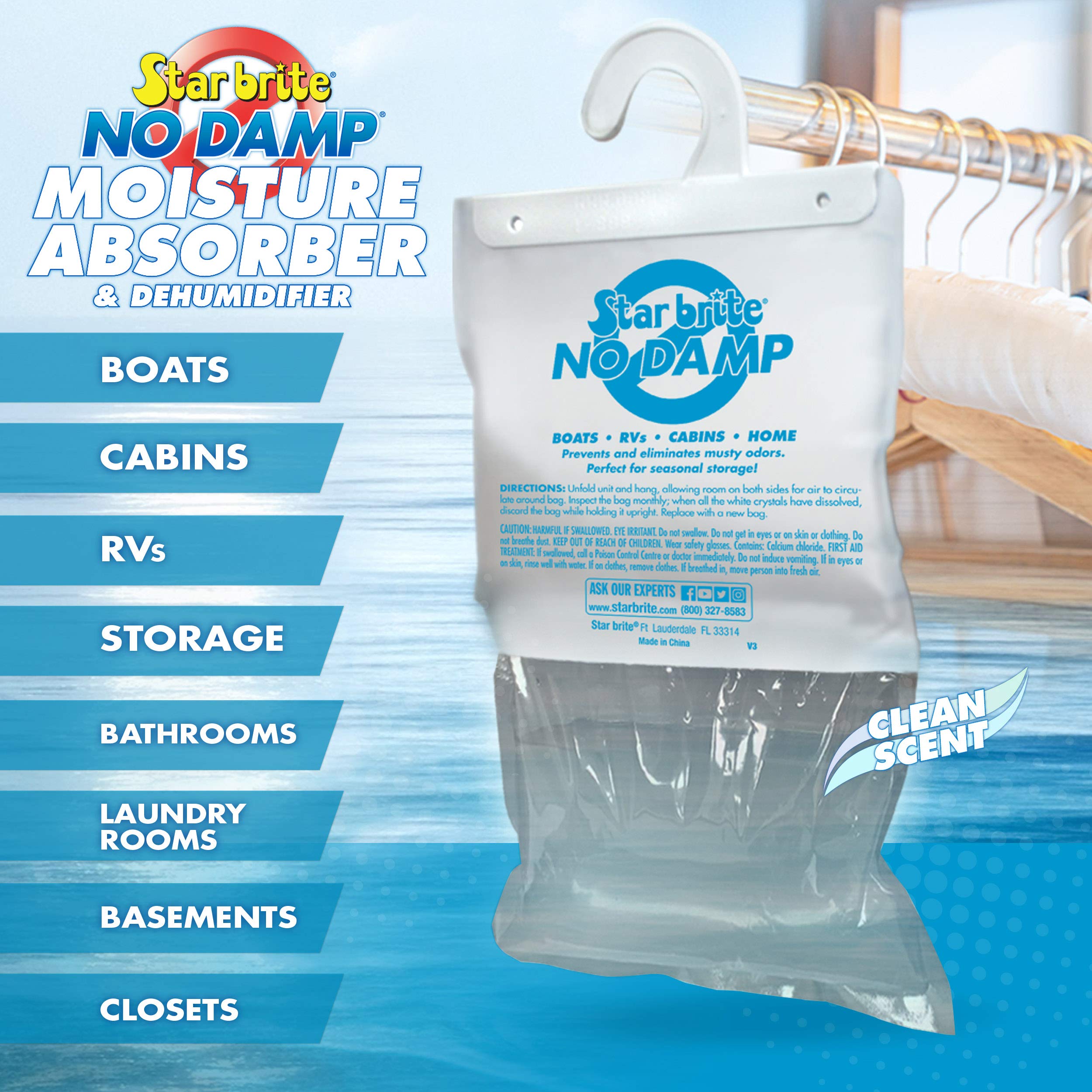 No Damp STAR BRITE Moisture Absorber & Dehumidifier Hanging Bag - Simple, Portable, Humidity Control for Boats, RVs, Seasonal Homes & More - Prevent Odor & Moisture Damage - 16 OZ (085470)