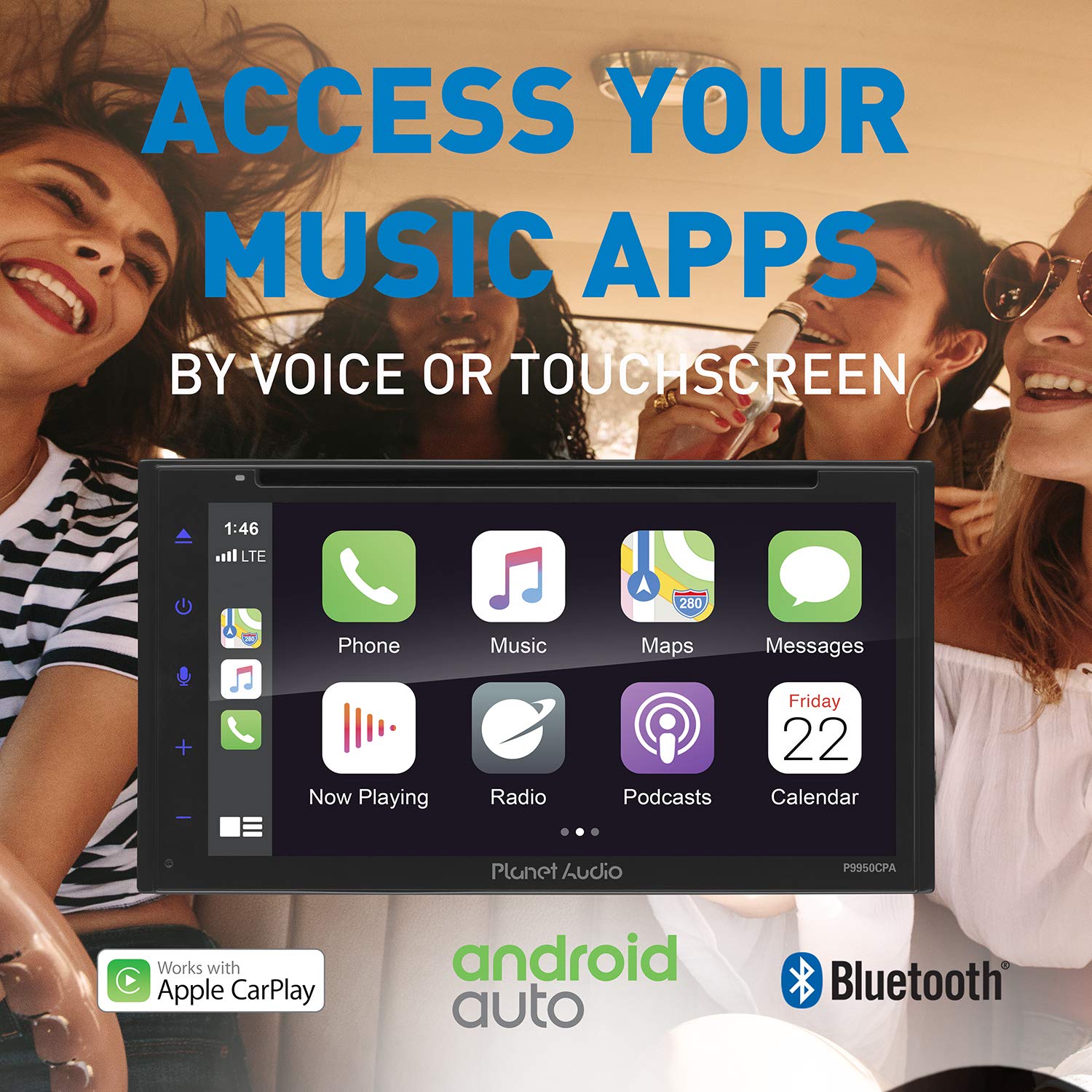 Apple Carplay Planet Audio P9950CPA Android Auto Car Multimedia Player - Double-Din, 6.75 Inch LCD Touchscreen, Bluetooth, MP3-DVD-CD-USB-Aux in, Am/FM Car Radio, Multi Color Illumination