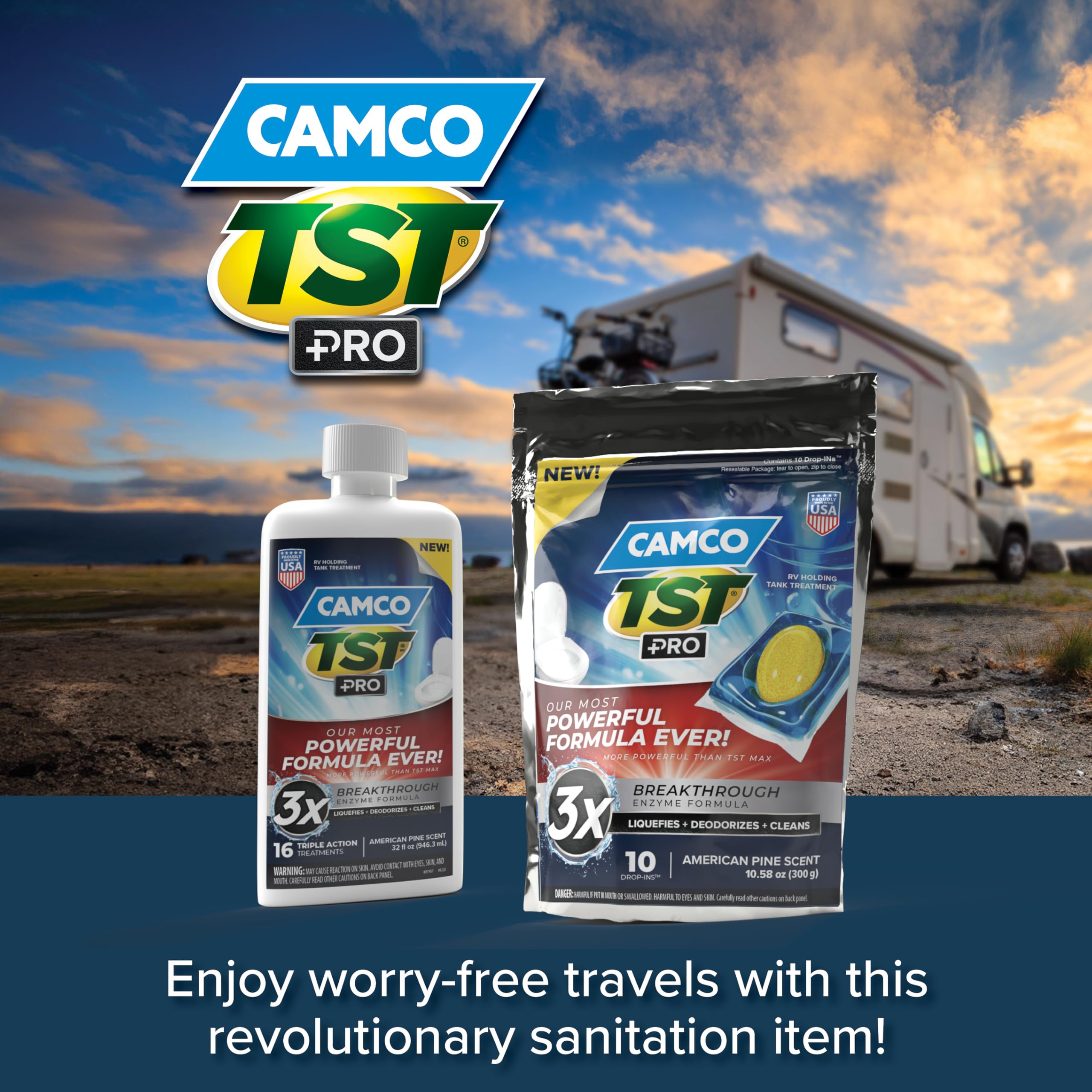Camco TST PRO Toilet Treatment Camper/RV - Innovative Bio-Enzymatic Formula -Fastest Odor Stopper & RV Sewer Waste Breakdown - RV Black Tank Treatment - Fresh Pine Scent - Septic-Safe, 32-Oz (41771)