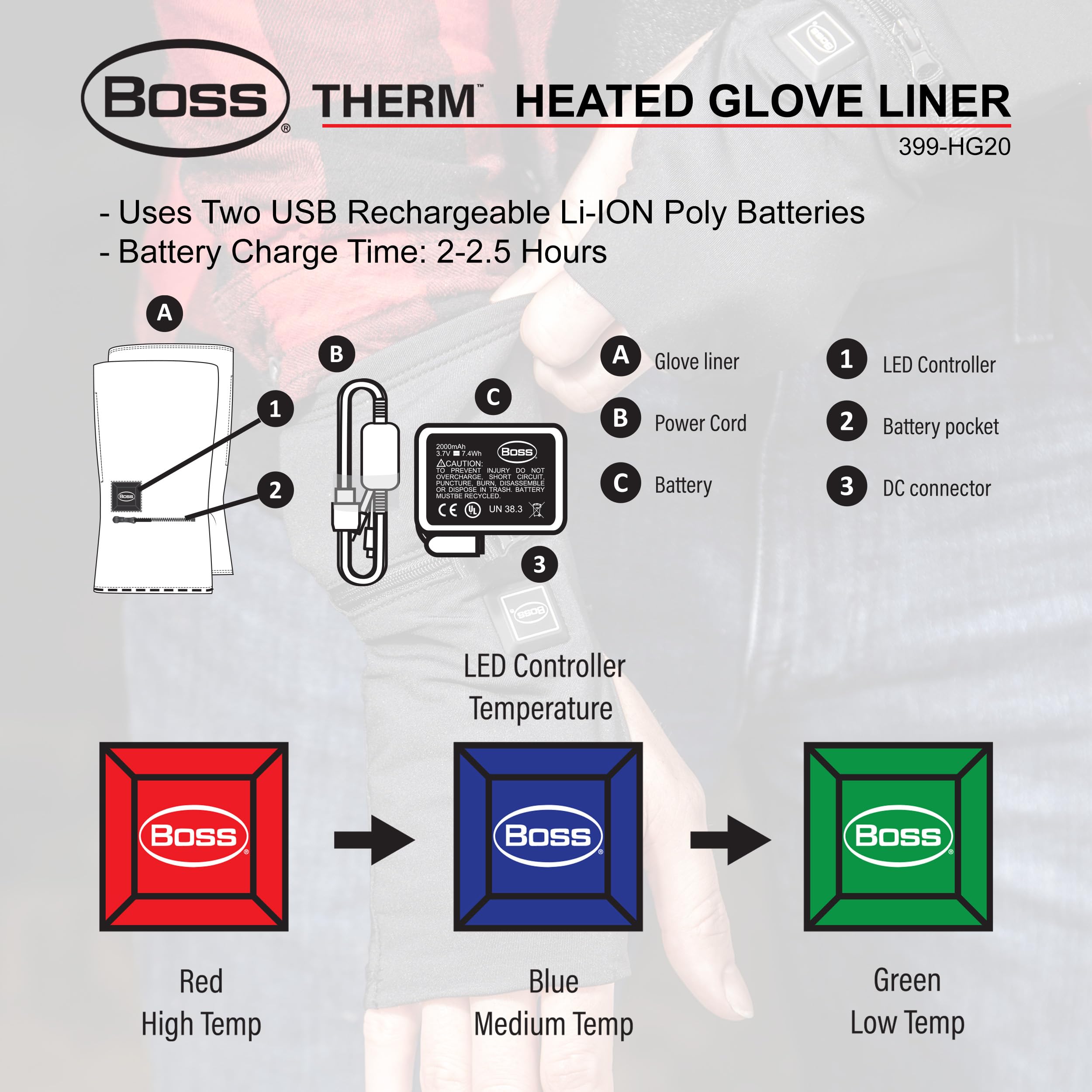 Therm™ Boss® Heated Glove Liner, 3 Heat Setting Control (low, medium, and high), one size, Soft Nylon 4-Way Stretch, Rechargeable, Black