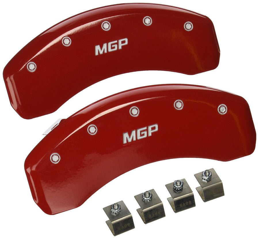 MGP Caliper Covers 'MGP' Engraved Rear Caliper Cover with Red Powder Coat Finish and Silver Characters, 25049RMGPRD (Set of 2)