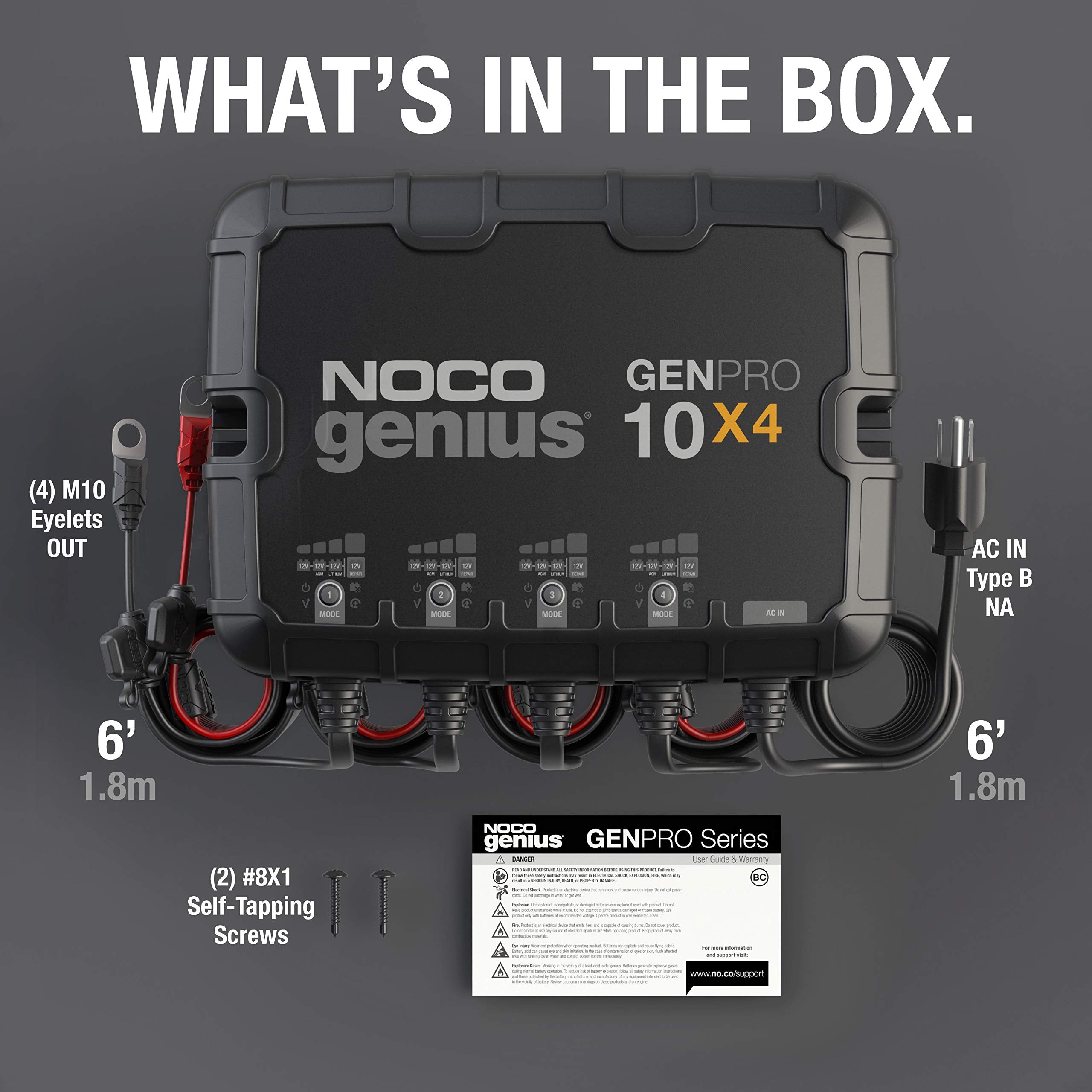 GENPRO10X4 NOCO Genius: 40A Onboard Battery Charger - 10A Per Bank, 12V Waterproof Marine Charger with Overcharge Protection & Temperature Compensation – for Lead-Acid & Lithium Batteries