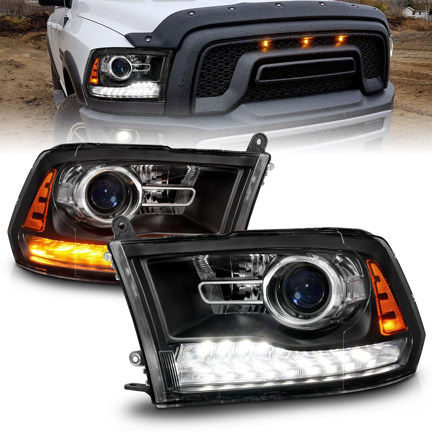 09-18 Dodge Ram 1500/2500/3500 ANZO LED Plank Style Headlights Switchback + Sequential - Matte Black