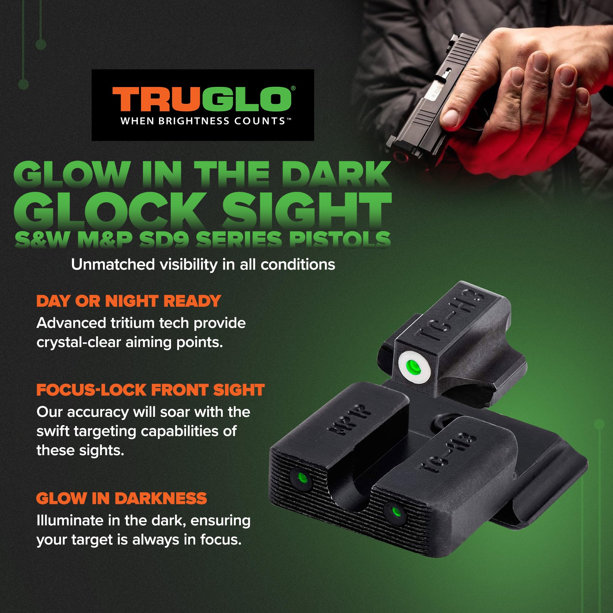 TruGlo Pro Tritium Glow in The Dark Hunting, Tactical, Military Handgun Sight for Smith and Wesson M&P SD9 and SD40 Series Pistols
