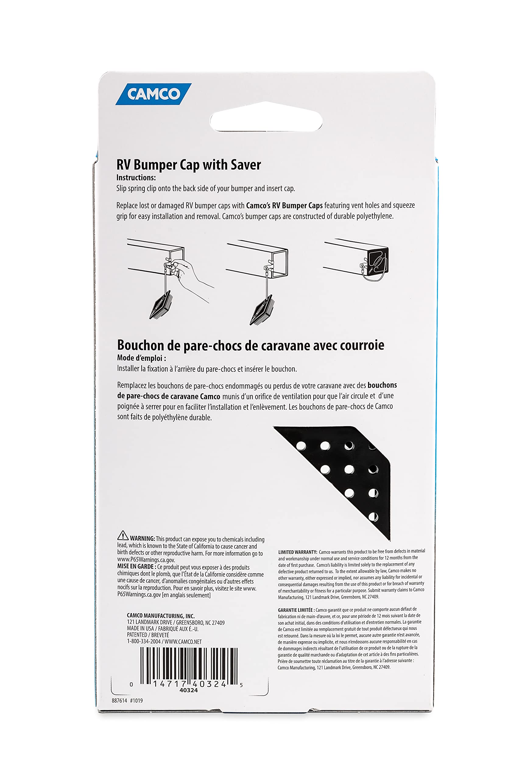 Camco Bumper Cap No Insect with Saver | Features Small Holes to Increase Airflow and Block Insects | Easy Installation and Removal | Fits Standard RV 4-inch Square Bumpers | Black (40324)