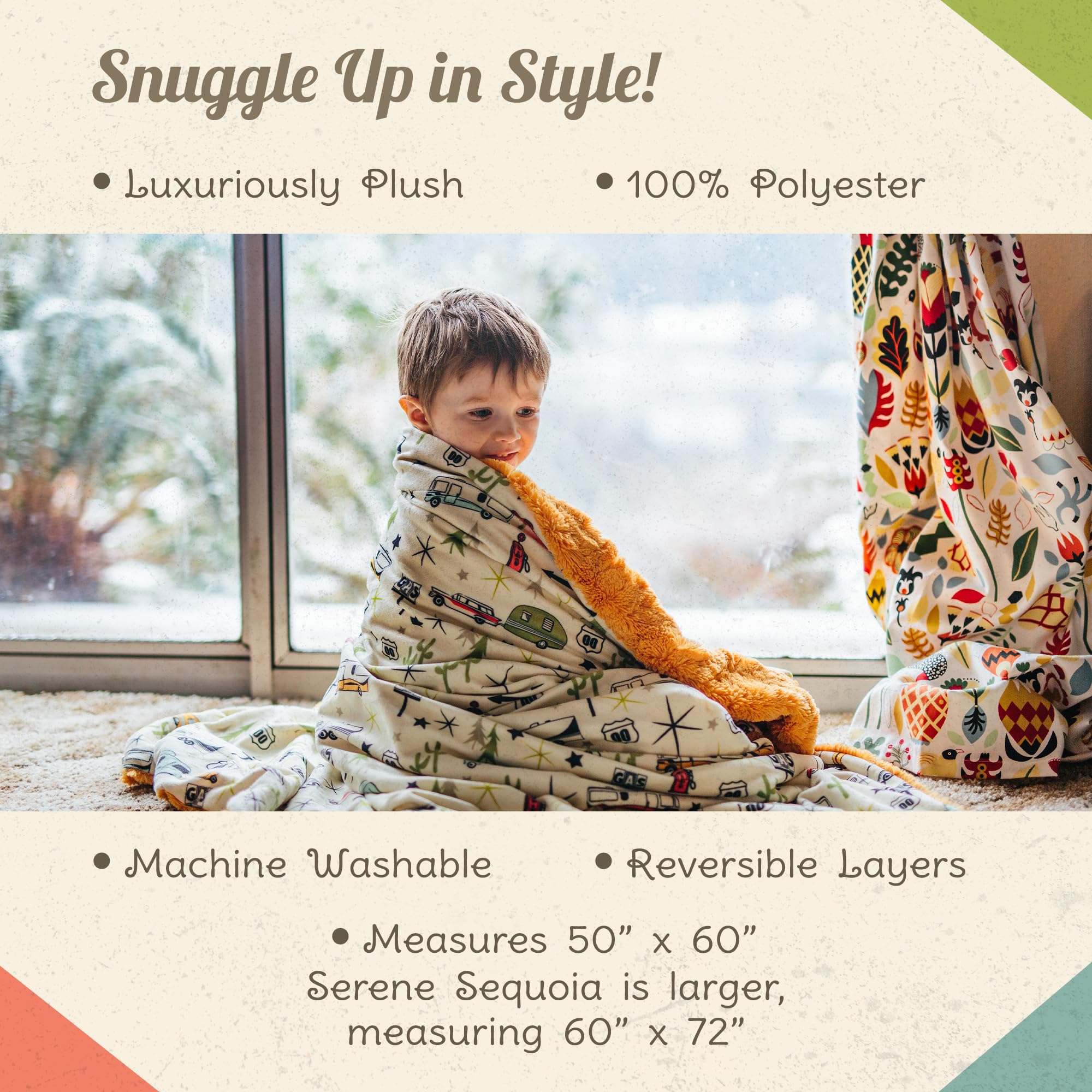 Camping Throw Blanket - Plush Reversible Blanket for Indoor & Outdoor Settings - Machine Washable Soft Camping Blanket - 100% Polyester Cozy Blanket with Retro-Inspired Patterns, Camp Casual