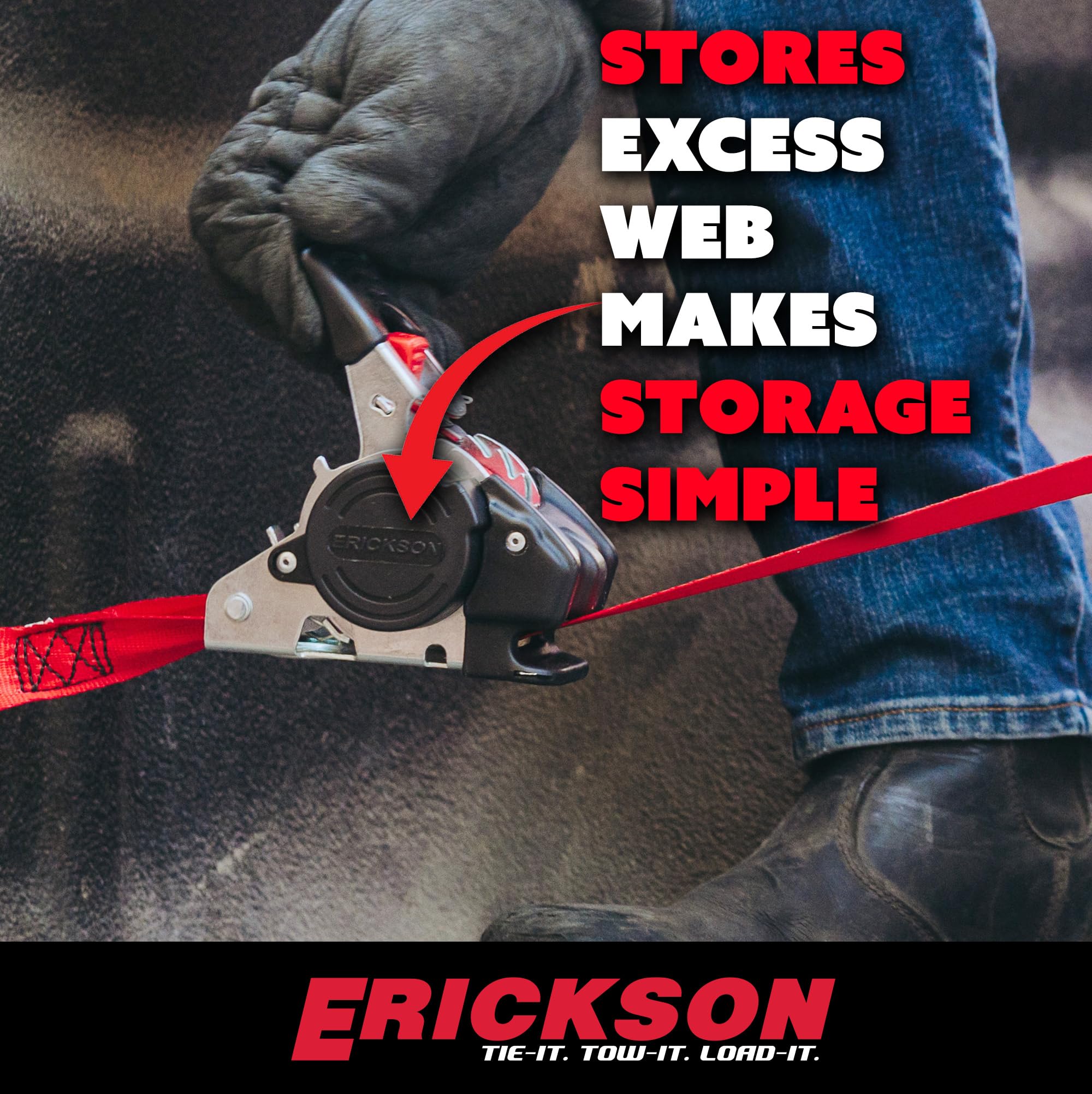 1" x 10' Retractable Ratcheting Tie-Down Strap Erickson 04418 Pro Series, (Storage Bag of 4, 1200 lb Load Capacity)
