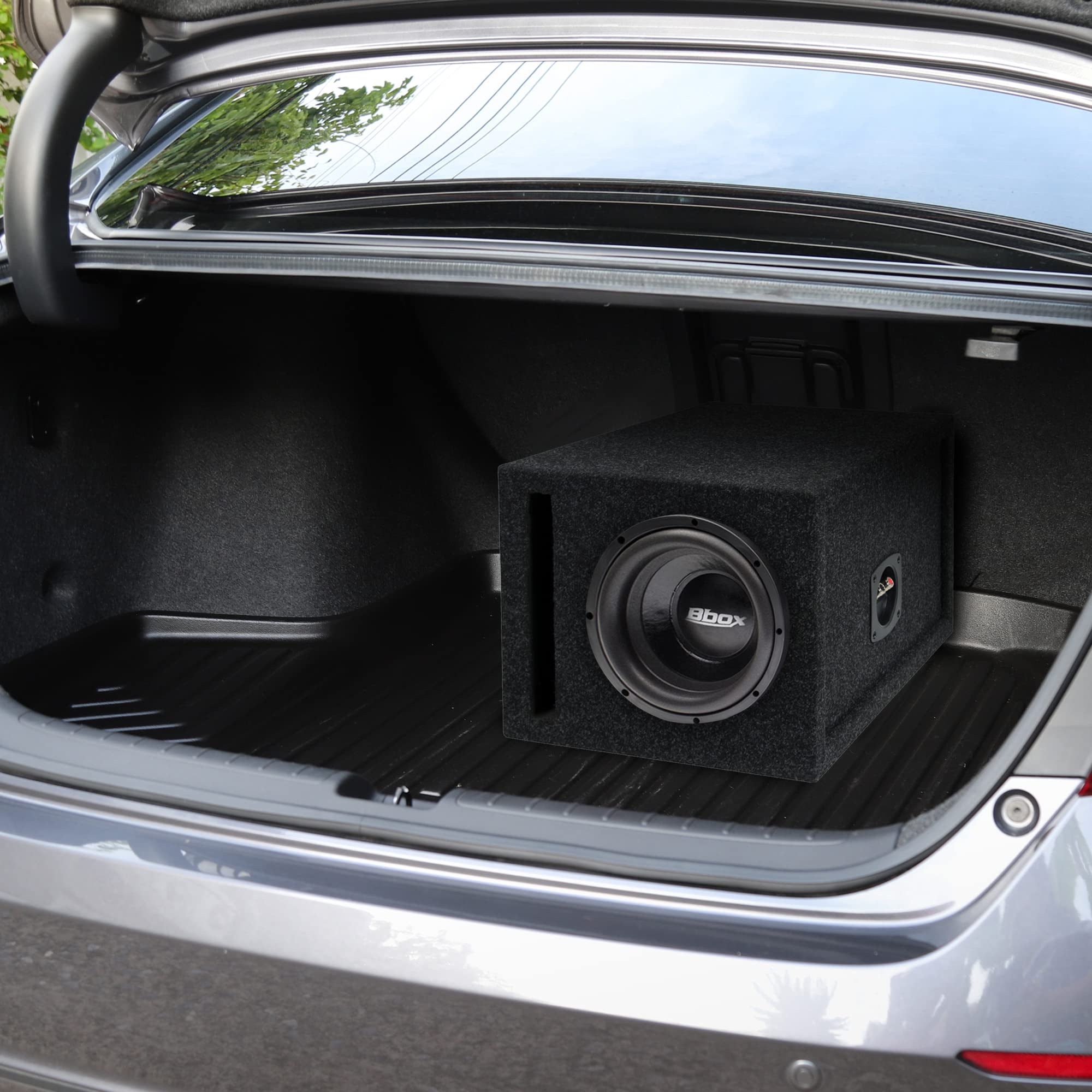 Atrend 8 inch Car Subwoofer Speaker Box Vented Enclosure Carpeted - Improves Audio Quality, Sound and Bass - High Grade MDF Construction with Nickel Finish Speaker Terminal - Black
