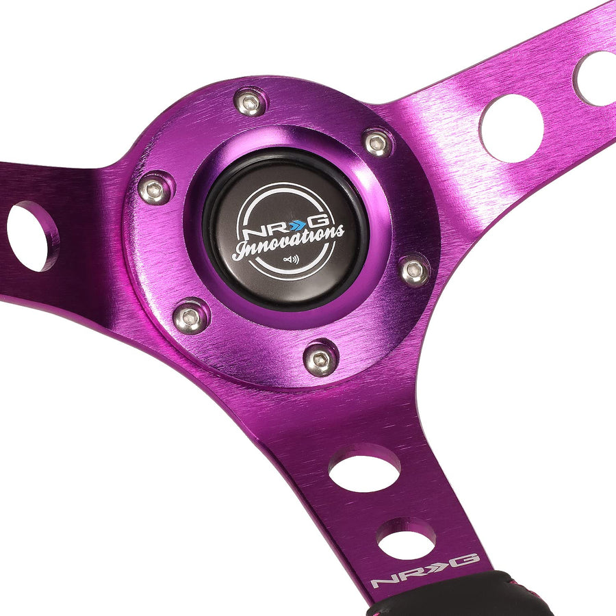 NRG Innovations Reinforced NRG-RST-006PP Steering Wheel 350MM Sport Steering Wheel (3" Deep), Black Leather, Purple Center Mark with Purple Stitching