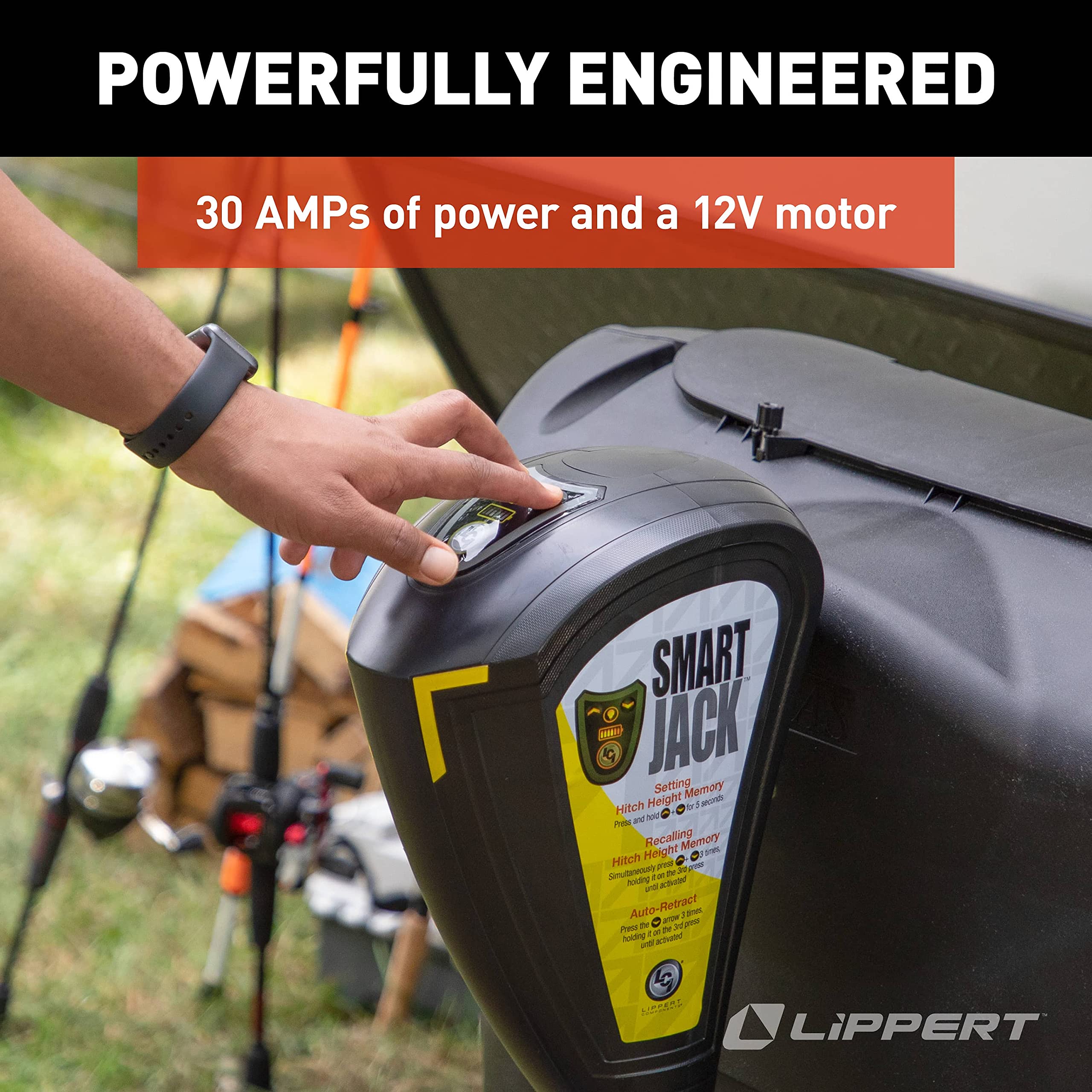 Lippert Smart Jack One-Touch Automatic Power Electric A-Frame Trailer Tongue, 3,500 lbs. Auto-Hitch Memory, Integrated LED Lights, Backlit Controls, Battery Indicator, Quiet - 643589