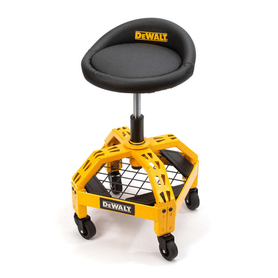 Heavy Duty DEWALT Adjustable Rolling Shop Stool, 360-degree Swivel Industrial Garage Stool with Padded Seat, Storage Shelf, Removable Wheels